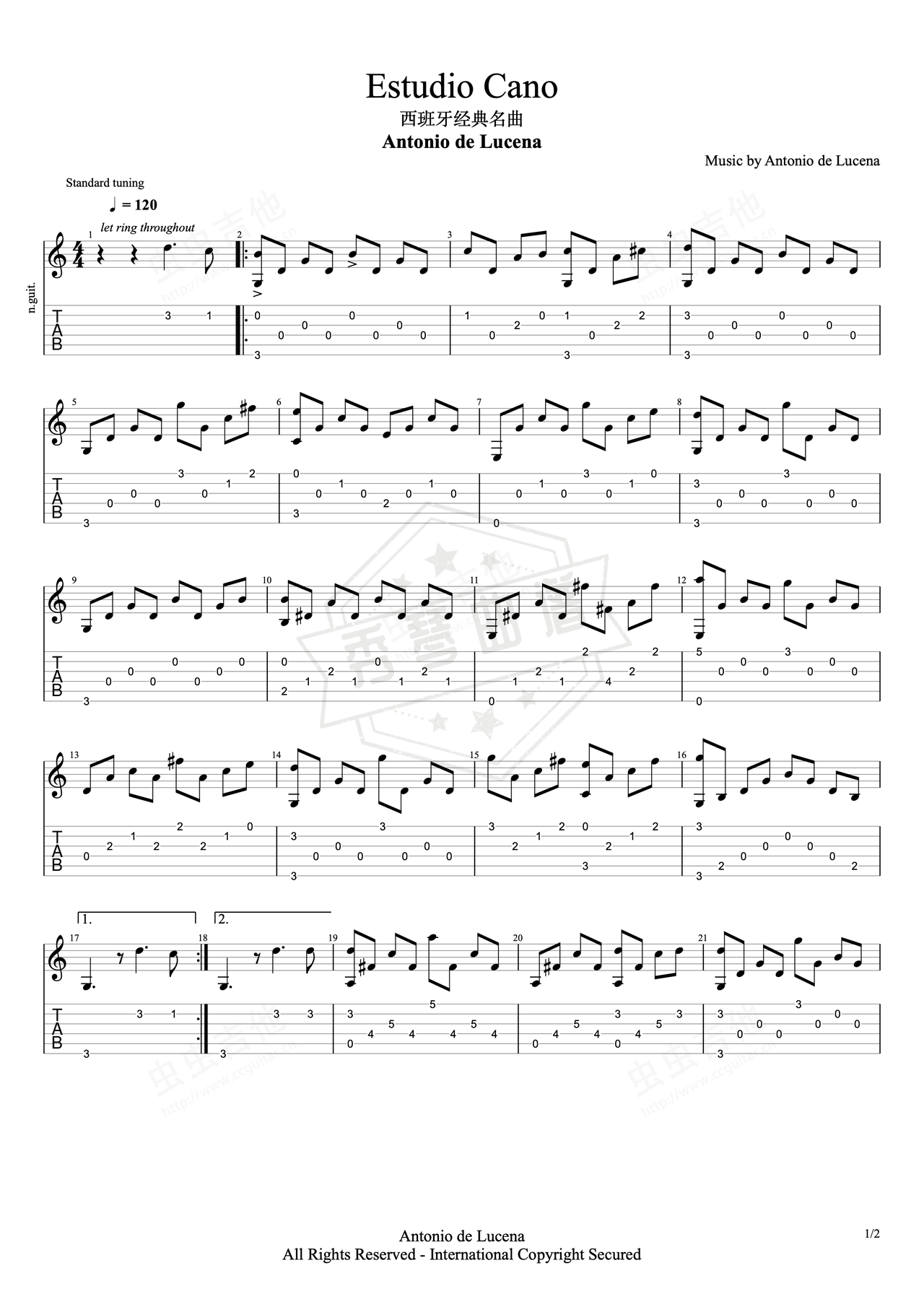 《Estudio Cano》吉他简谱G调指弹谱（Antonio De Lucena）-秀琴曲谱网