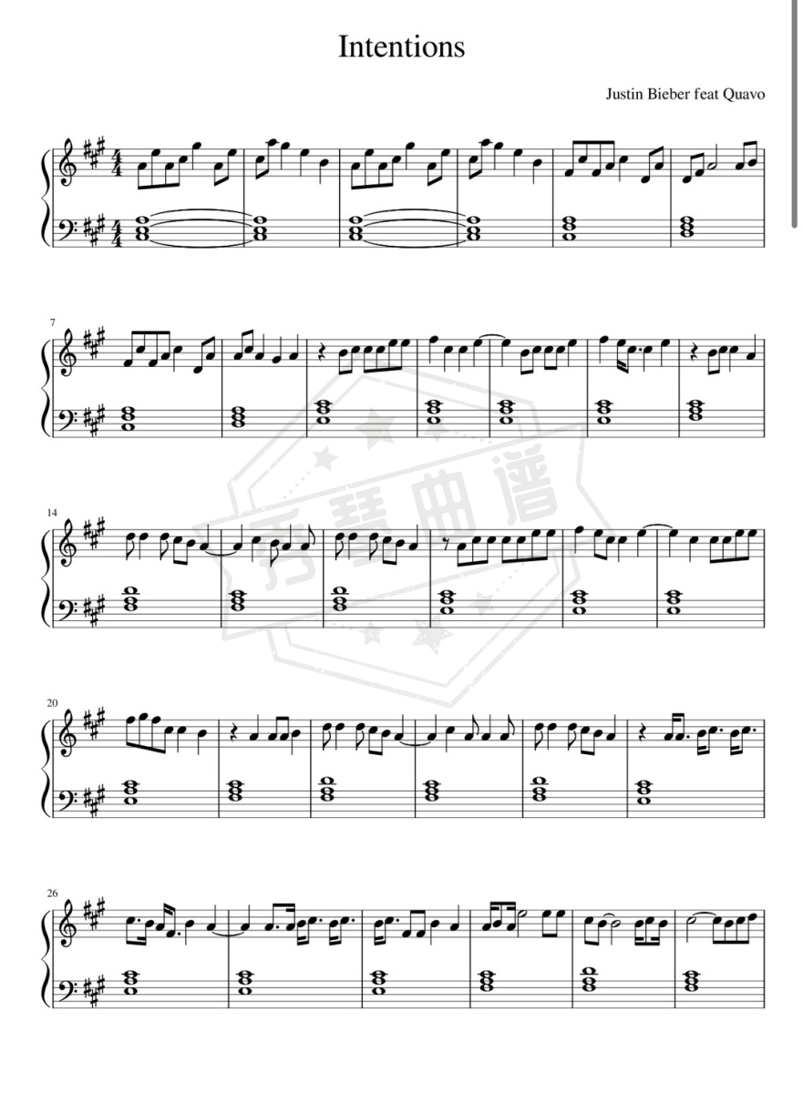 《Intentions》钢琴五线谱A调演奏版(Justin Bieber)-秀琴曲谱网