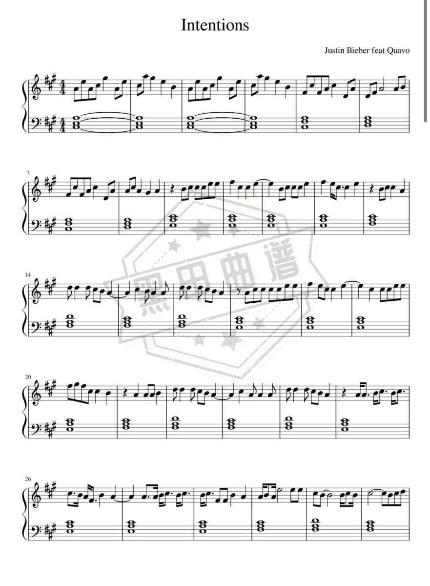 五线谱A调《Intentions》钢琴演奏版_高清可打印Intentions曲谱