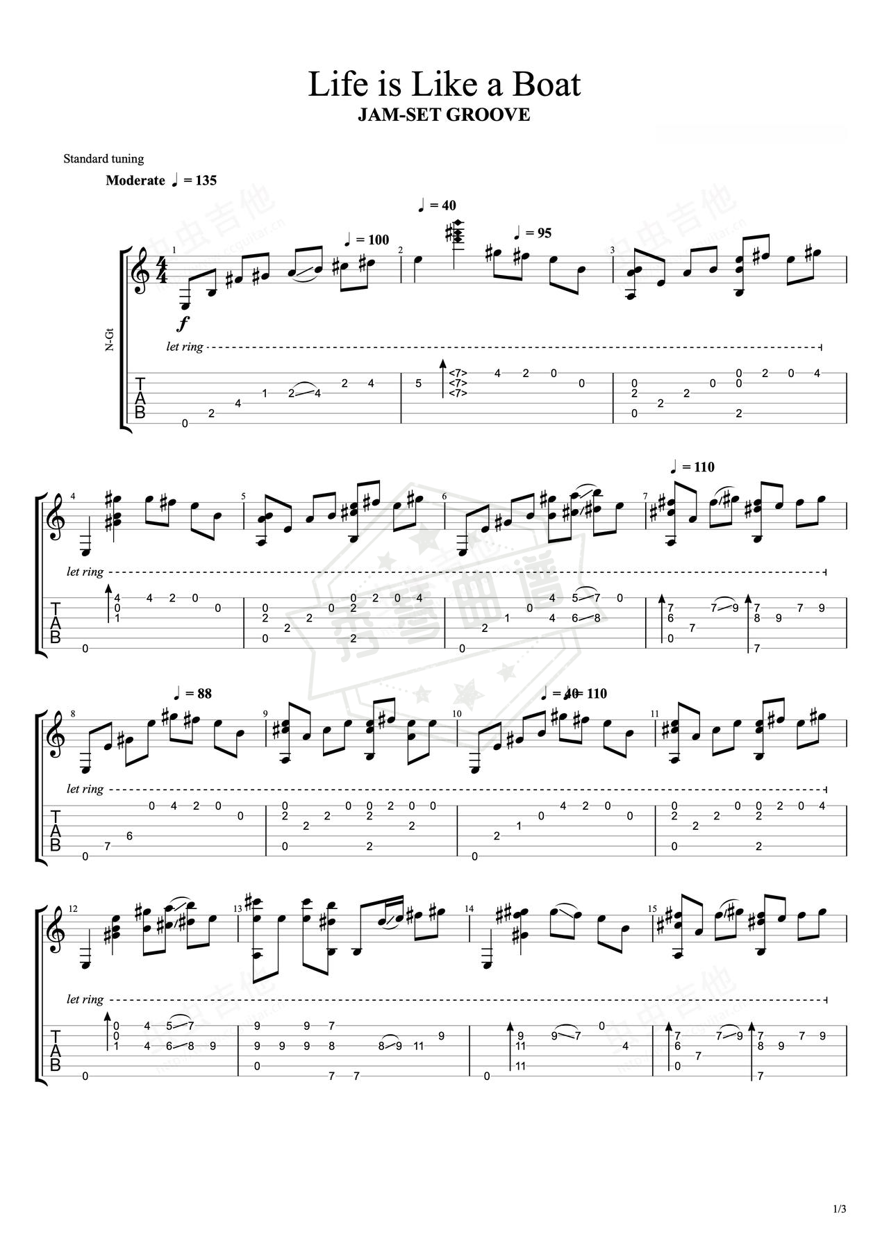 《Life is Like a Boat》吉他简谱E大调指弹谱（JAM-SET GROOVE）-秀琴曲谱网