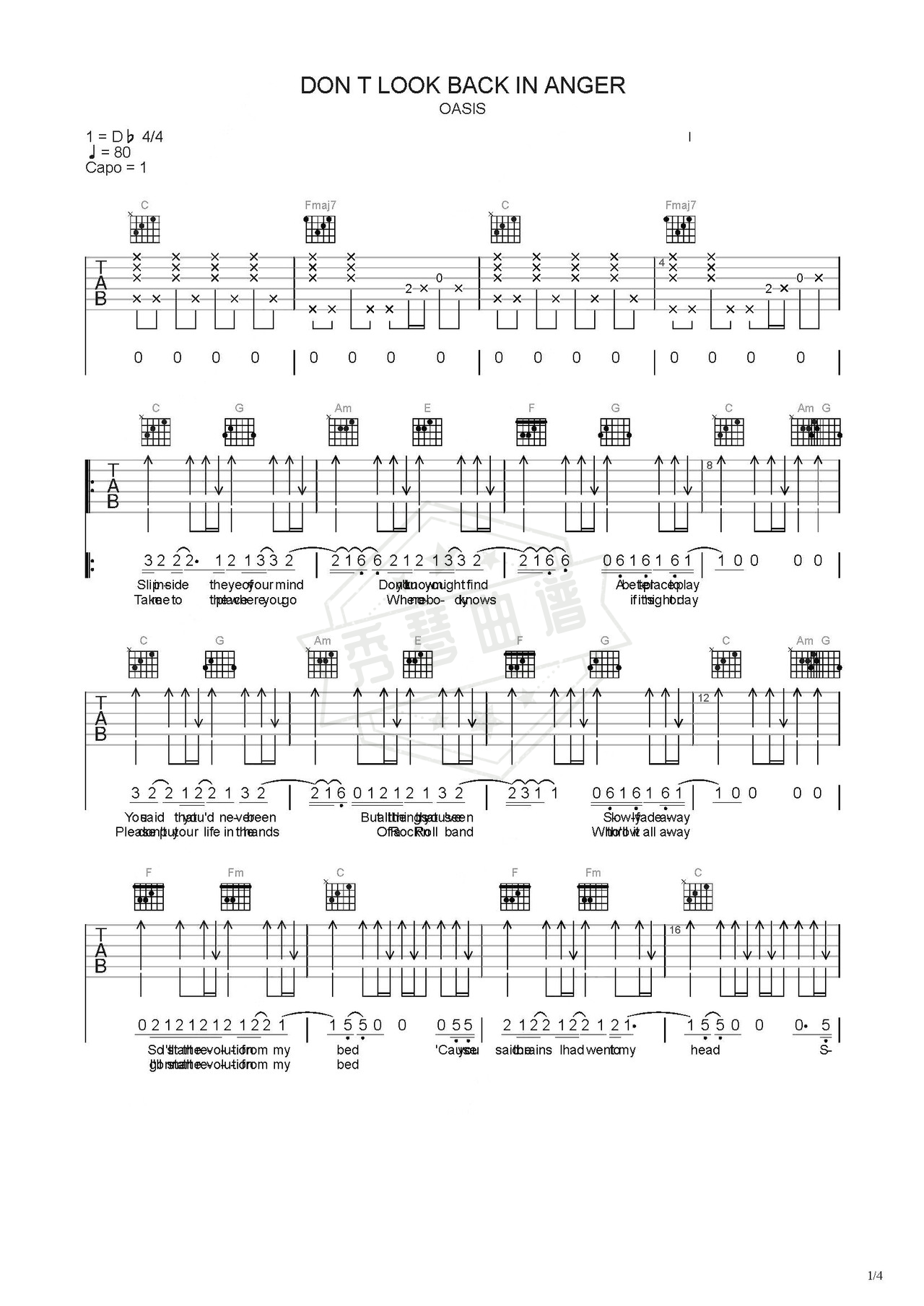 《don》吉他简谱C调弹唱谱（Oasis）-秀琴曲谱网