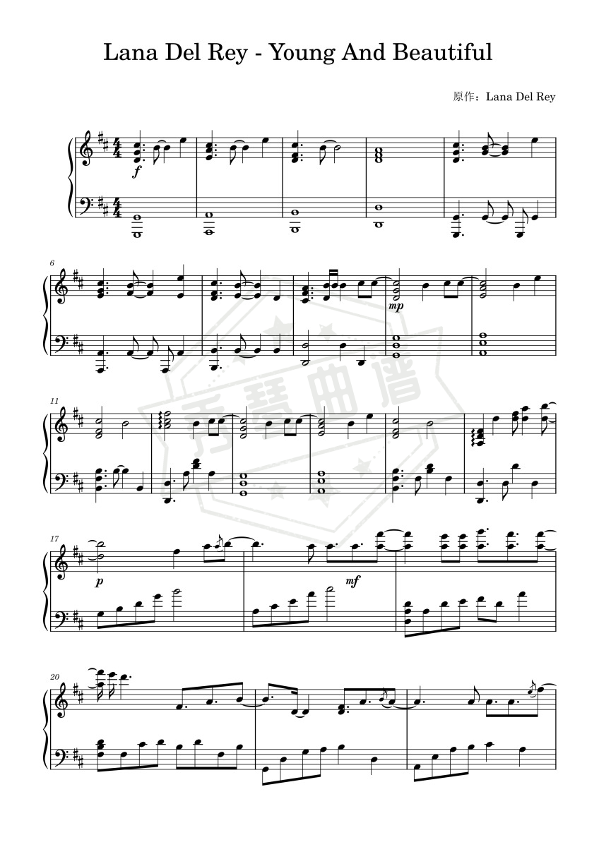 《Young And Beautiful》（Lana Del Rey《了不起的盖茨比》插曲）-秀琴曲谱网