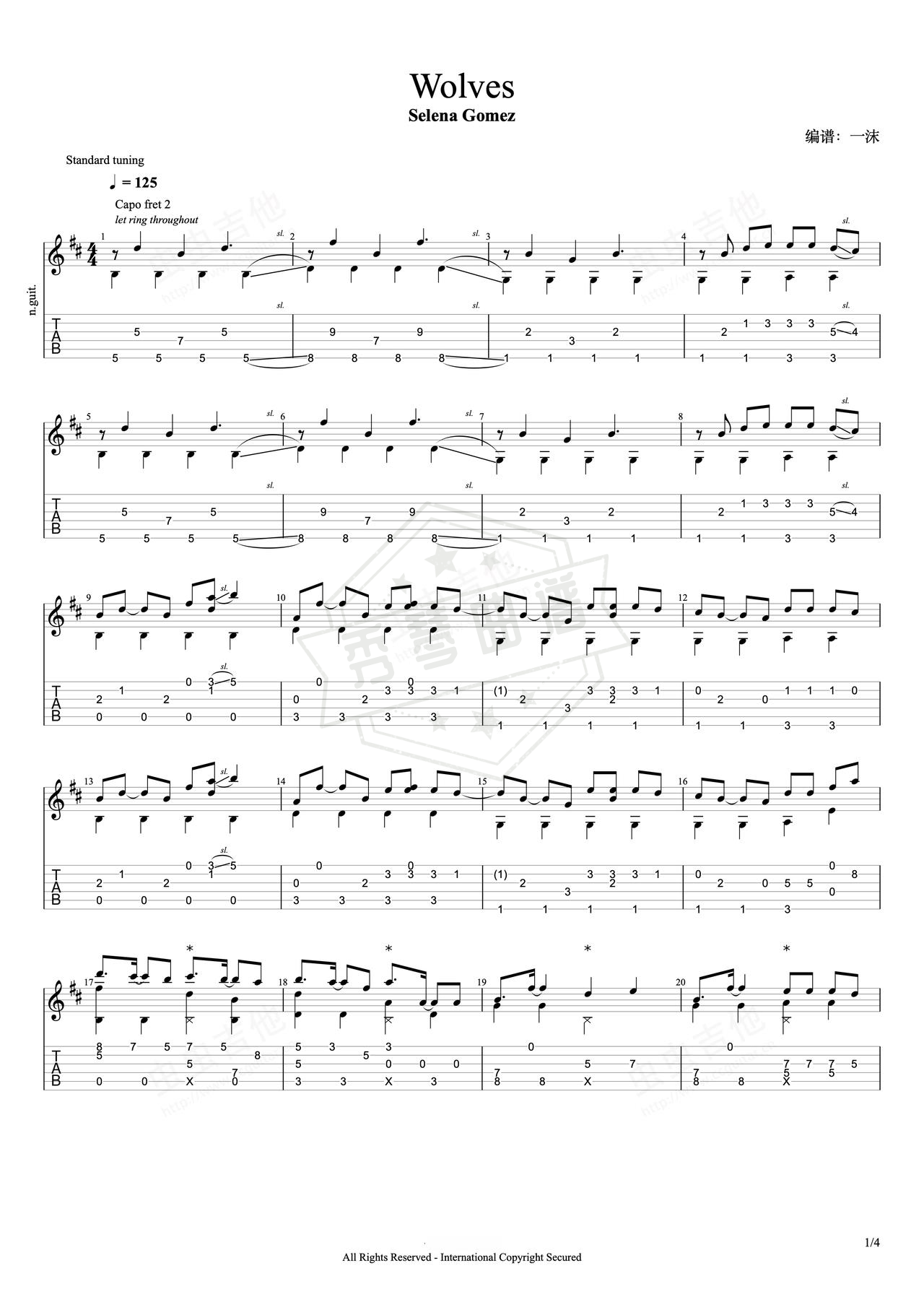 《Wolves》吉他简谱D调指弹谱（Selena Gomez）-秀琴曲谱网