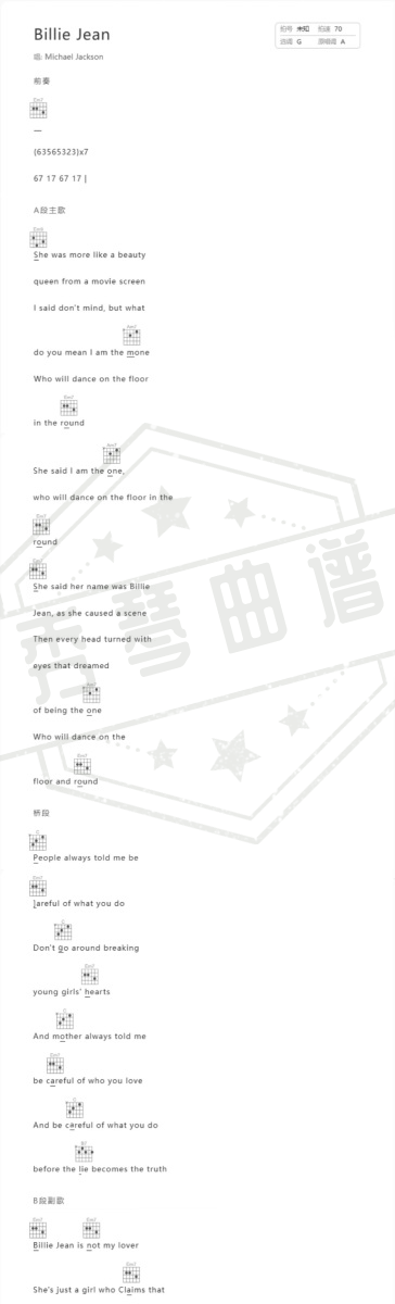 《Billie Jean》吉他简谱A调弹唱版-秀琴曲谱网