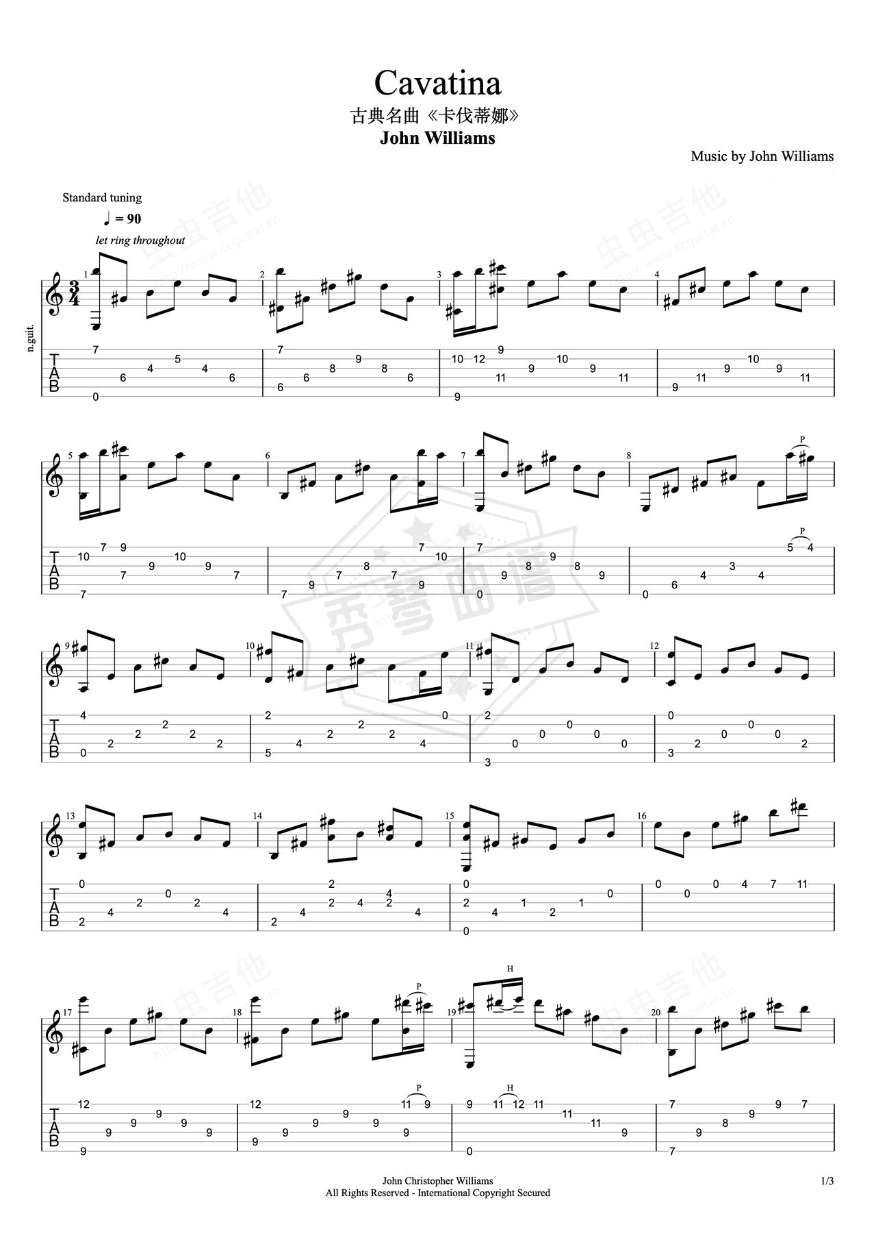 《Cavatina》吉他简谱E大调指弹谱（John Williams）-秀琴曲谱网
