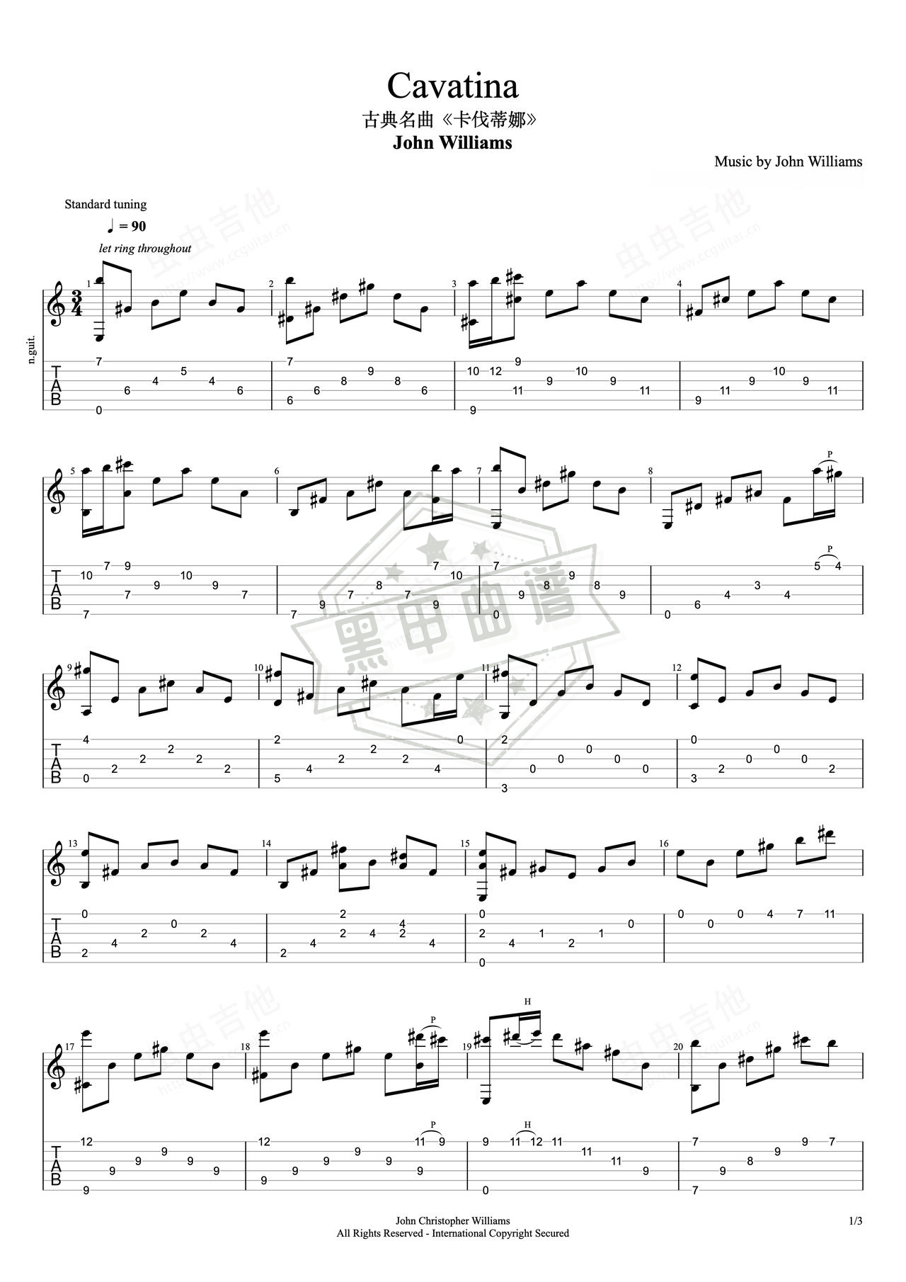 简谱E大调《Cavatina》吉他指弹谱_E大调Cavatina曲谱