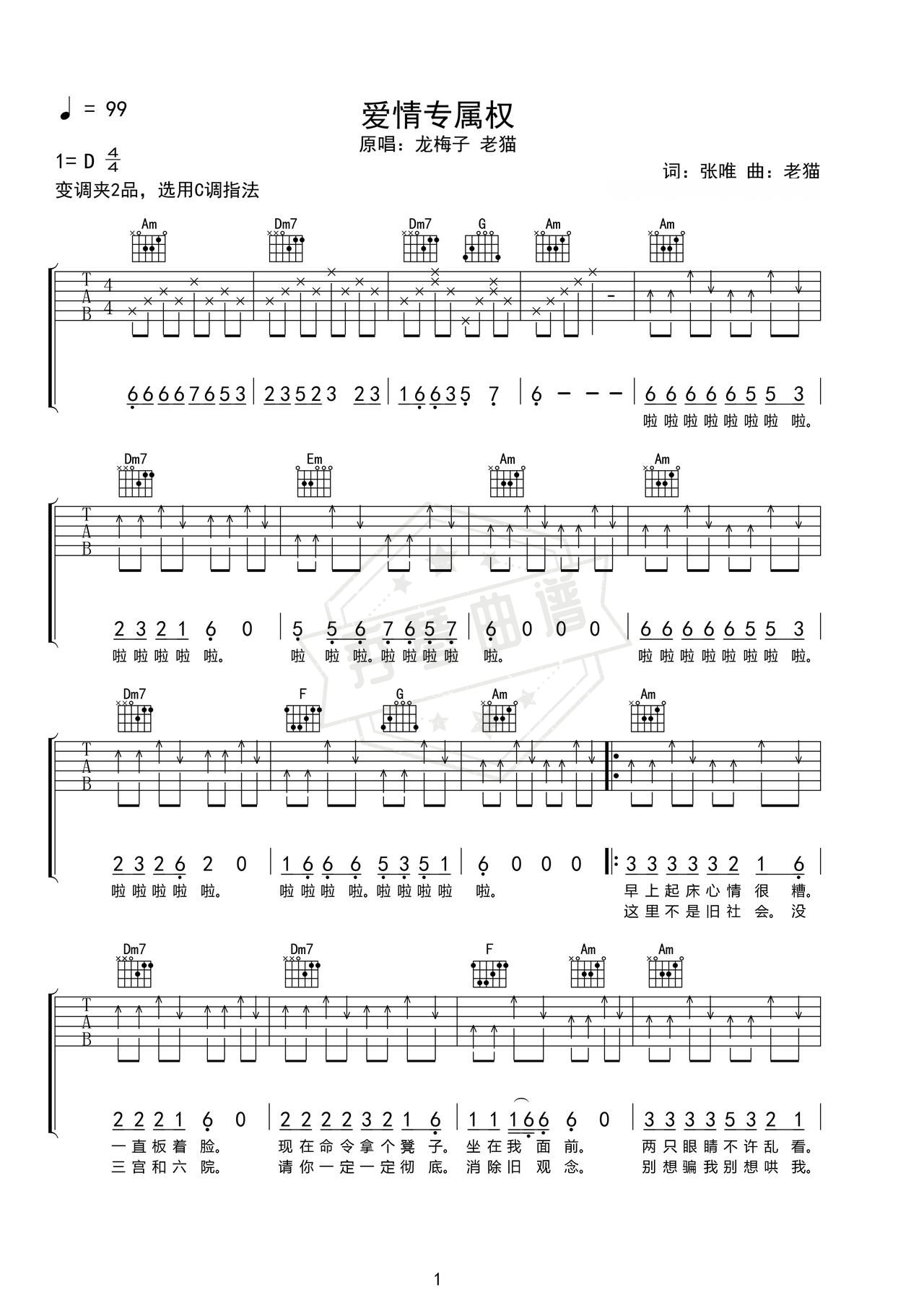 《爱情专属权》吉他简谱b调弹唱谱（龙梅子  老猫）-秀琴曲谱网