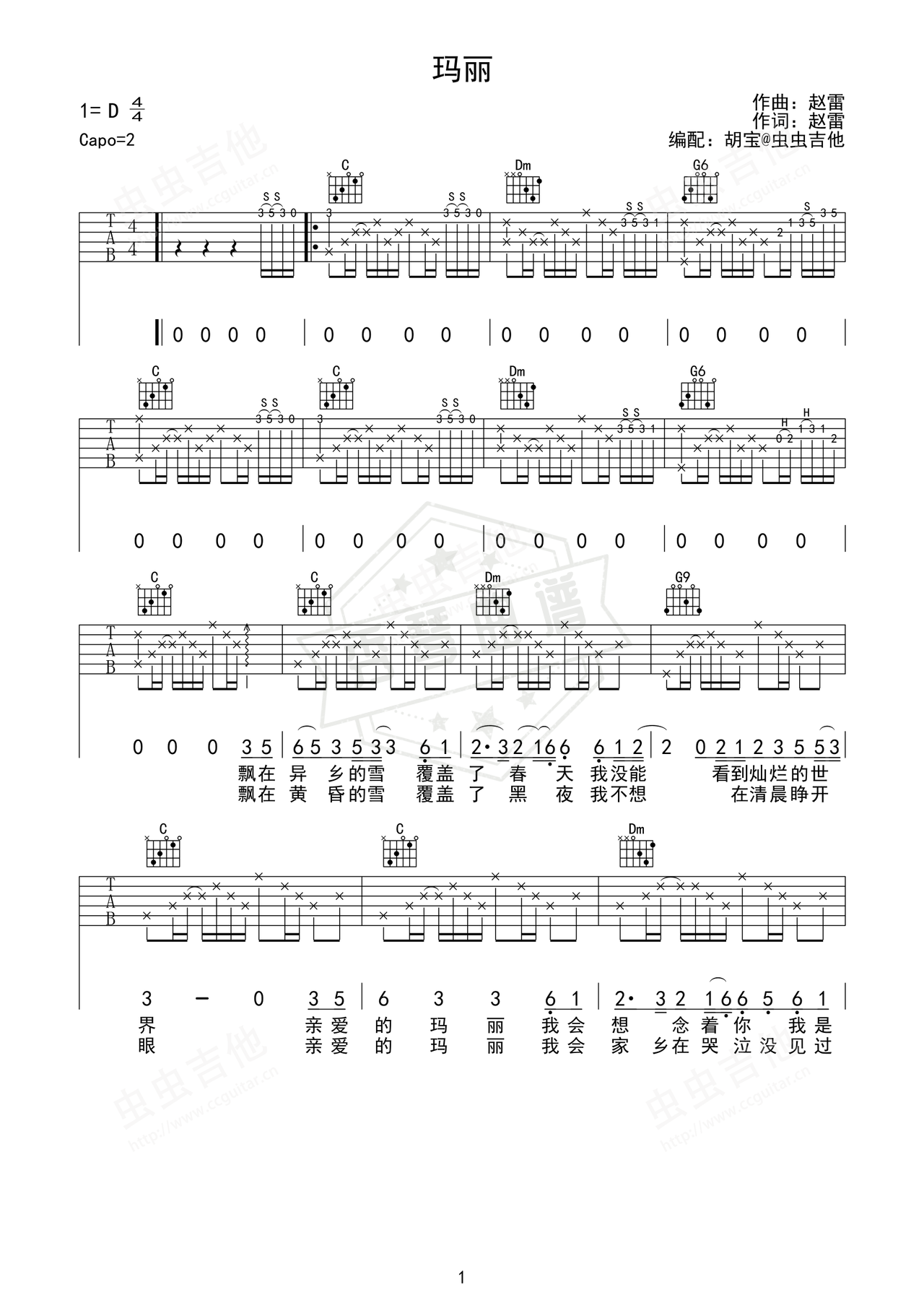 《玛丽》吉他简谱D调弹唱谱（赵雷）-秀琴曲谱网