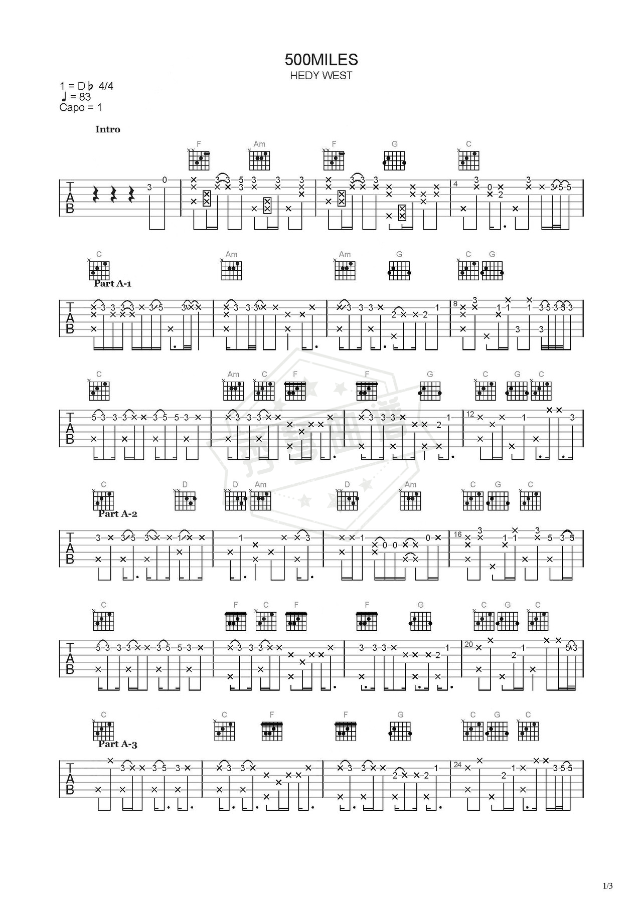 《500Miles》吉他简谱C调弹唱谱（Hedy West）-秀琴曲谱网