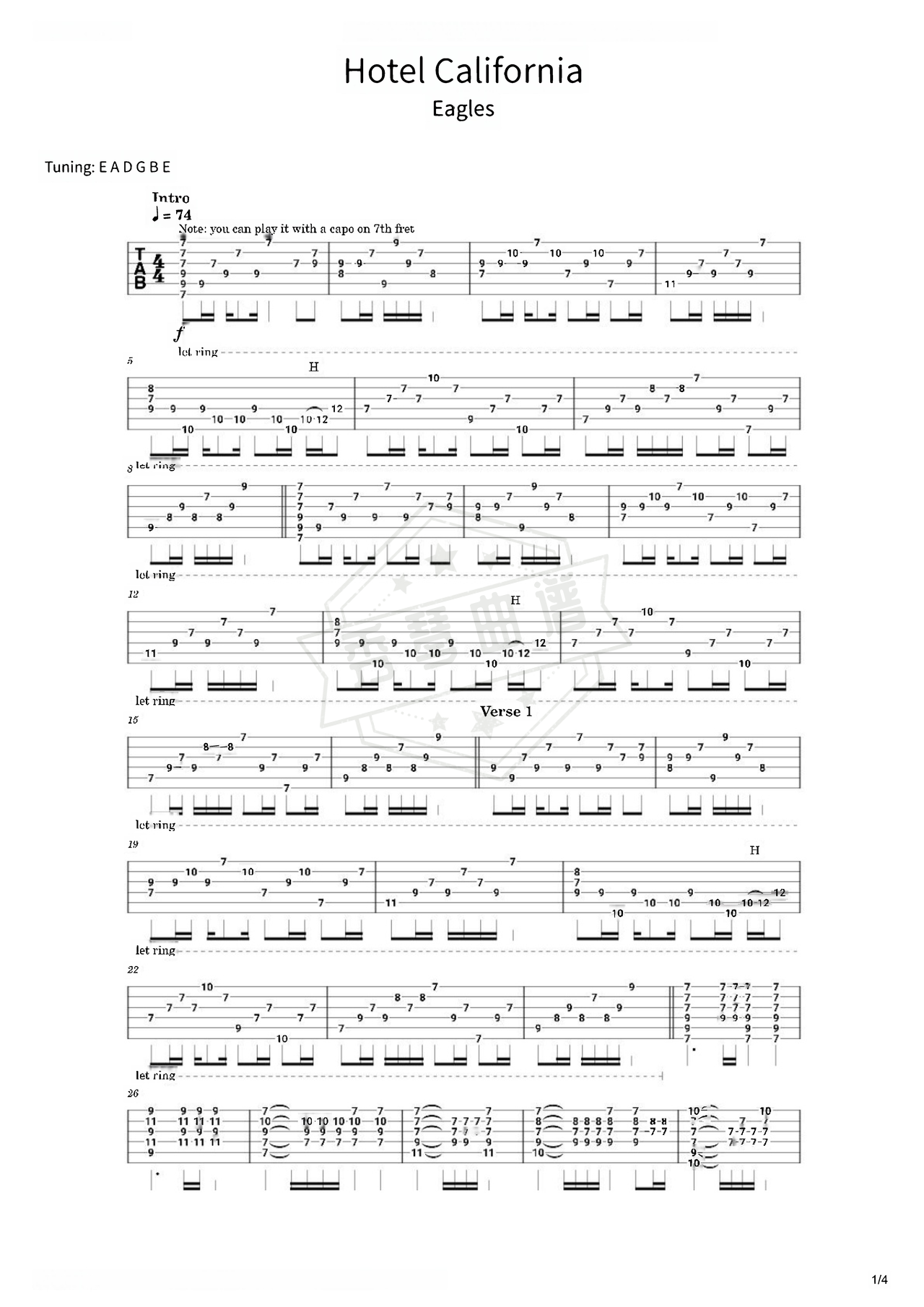 《Hotel California》吉他简谱D调指弹谱（Glenn Frey）-秀琴曲谱网