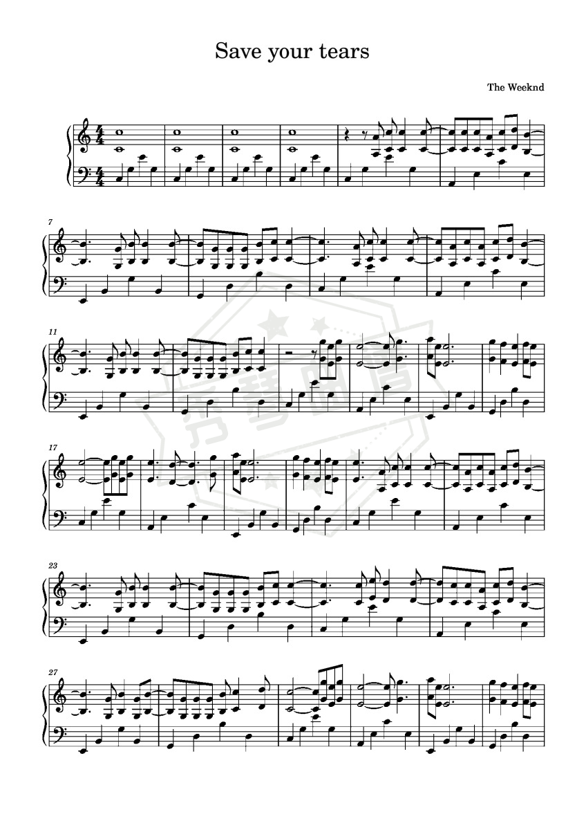 《Save Your Tears》钢琴五线谱c调演奏版-秀琴曲谱网