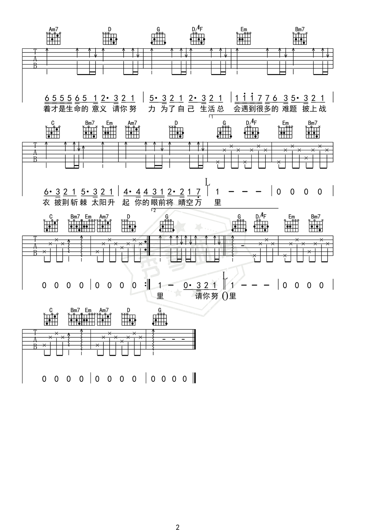 图片[2]-《请你努力为了自己》吉他简谱G调弹唱谱（王佳音）-秀琴曲谱网