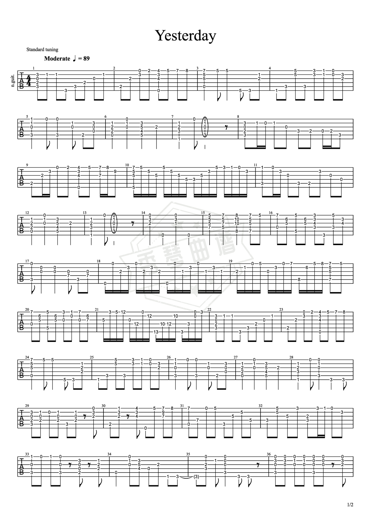 《昨天Yesterday》吉他简谱C调指弹谱（佚名）-秀琴曲谱网