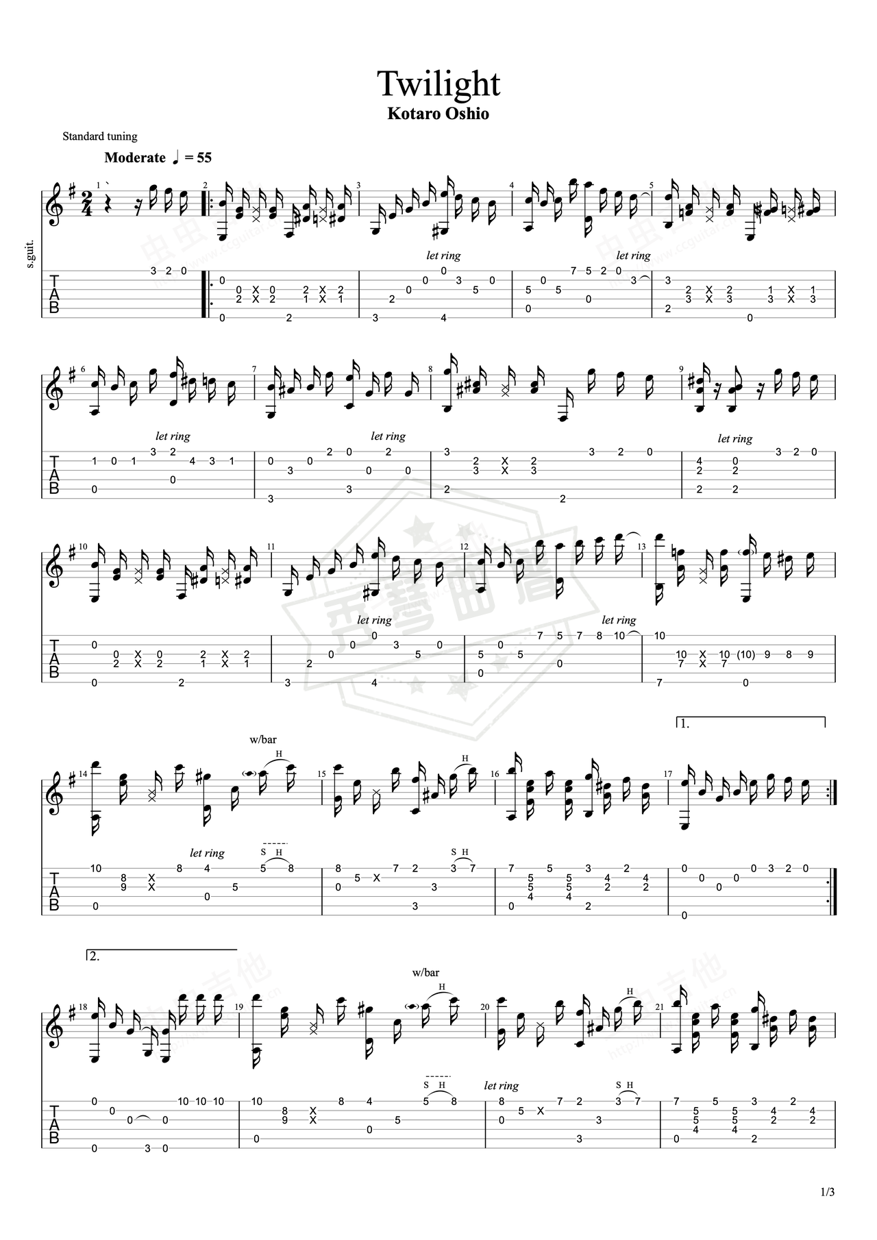 《Twilight》吉他简谱C调指弹谱（押尾太郎）-秀琴曲谱网