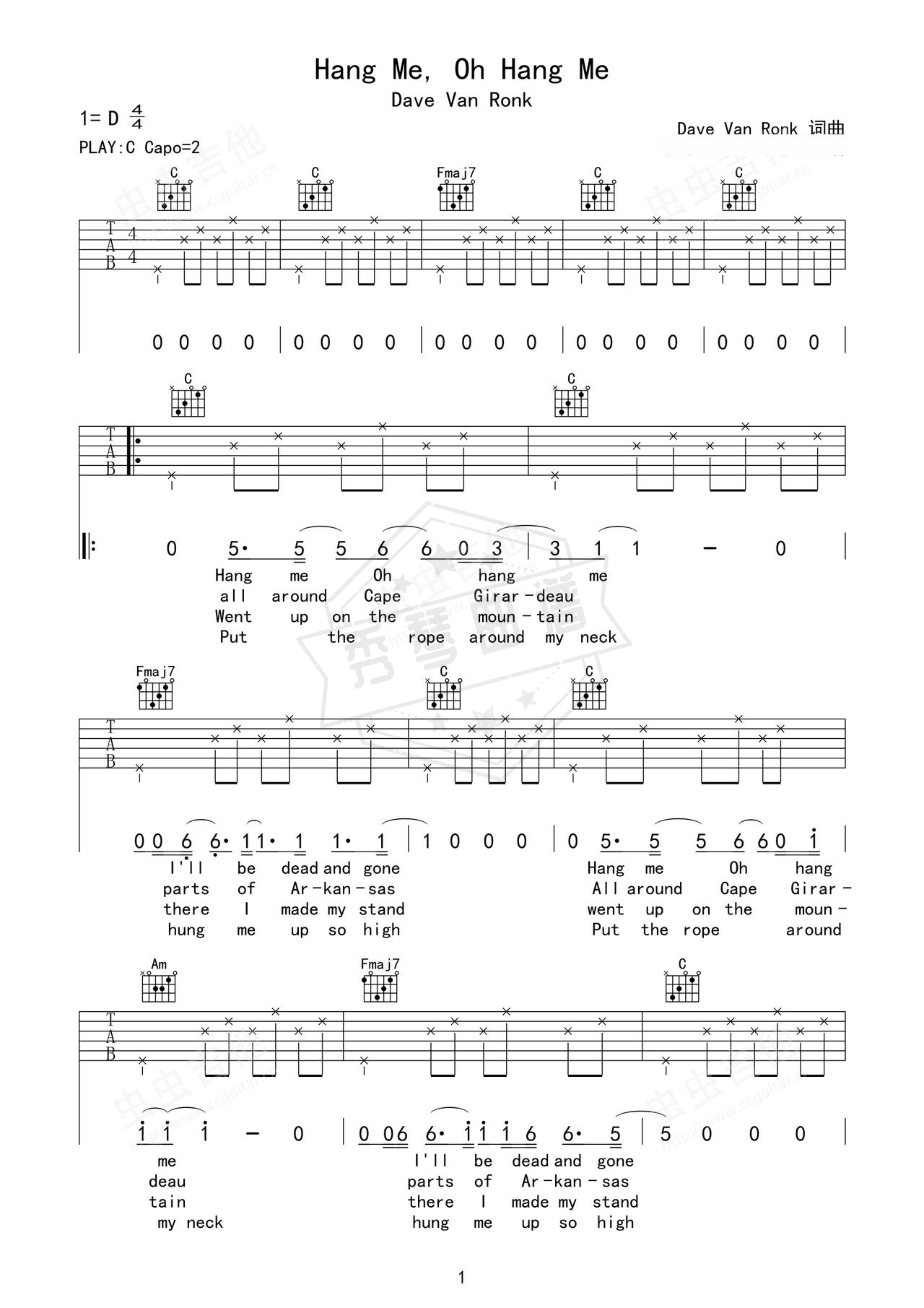 《Hang Me Oh Hang Me》吉他简谱C调弹唱谱（Dave Van Ronk）-秀琴曲谱网