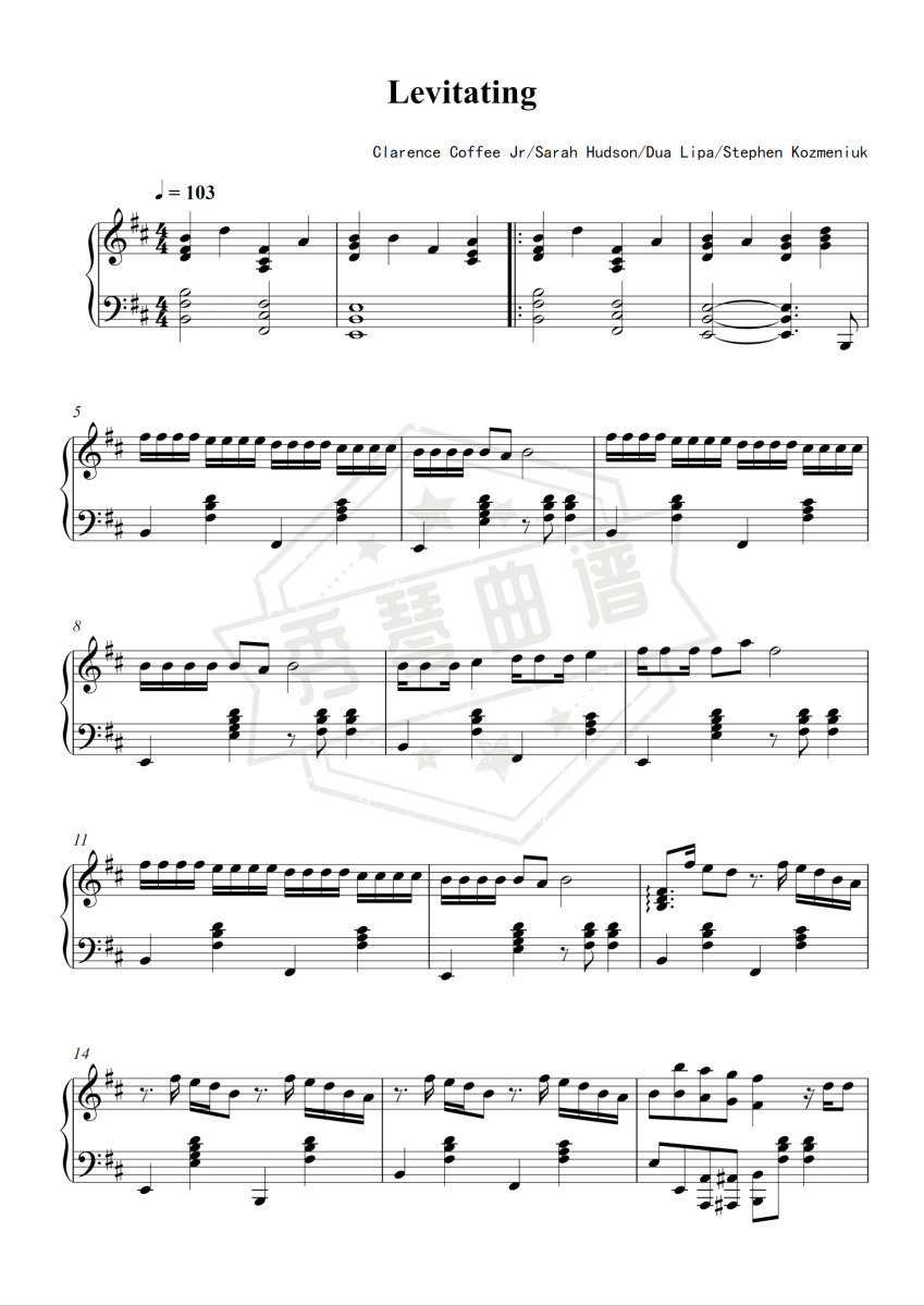 《Levitating》钢琴五线谱d调演奏版(Dua Lipa)-秀琴曲谱网