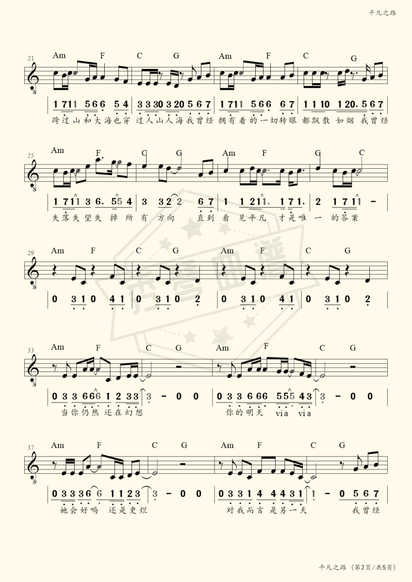 图片[2]-《平凡之路》电子琴五线谱c调弹唱版-秀琴曲谱网