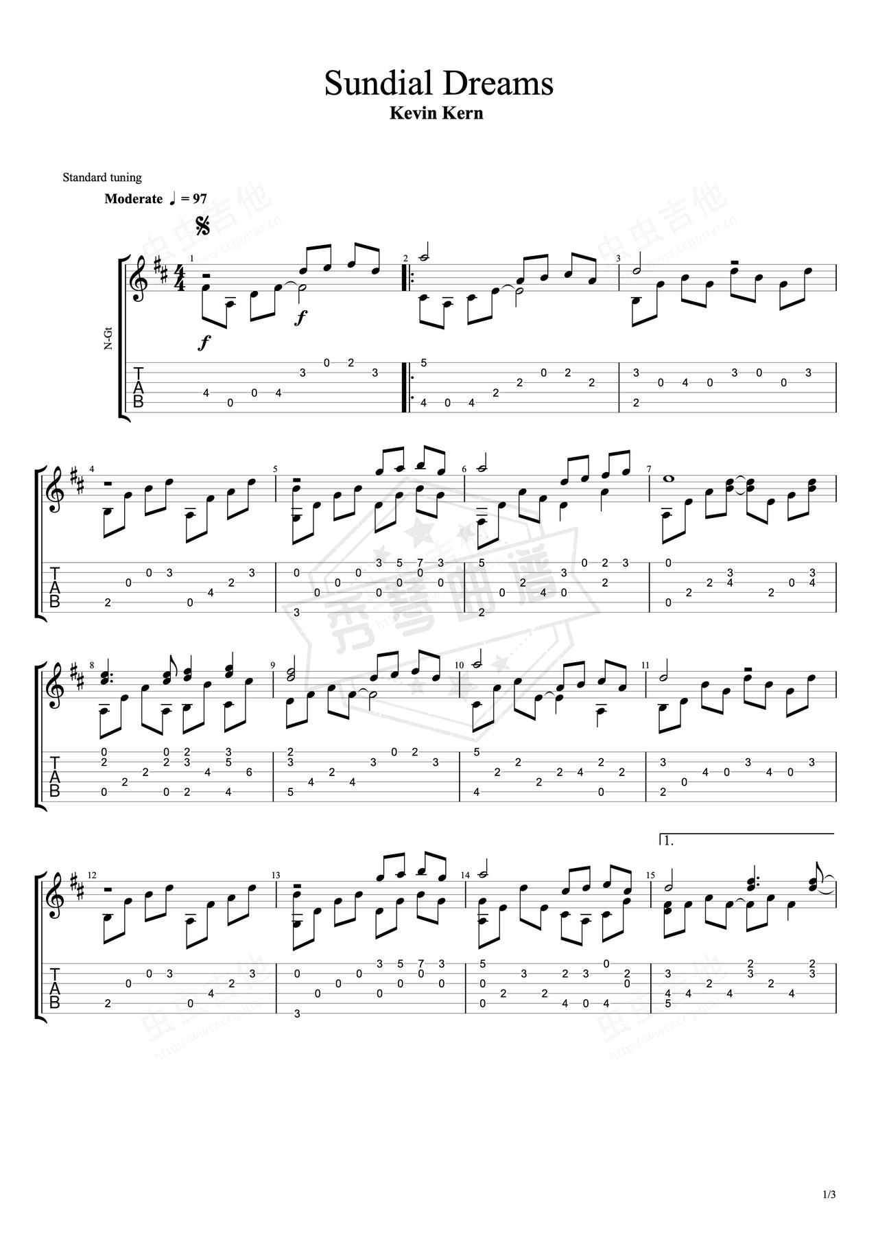 《Sundial Dreams》吉他简谱D调指弹谱（Kevin Kern）-秀琴曲谱网
