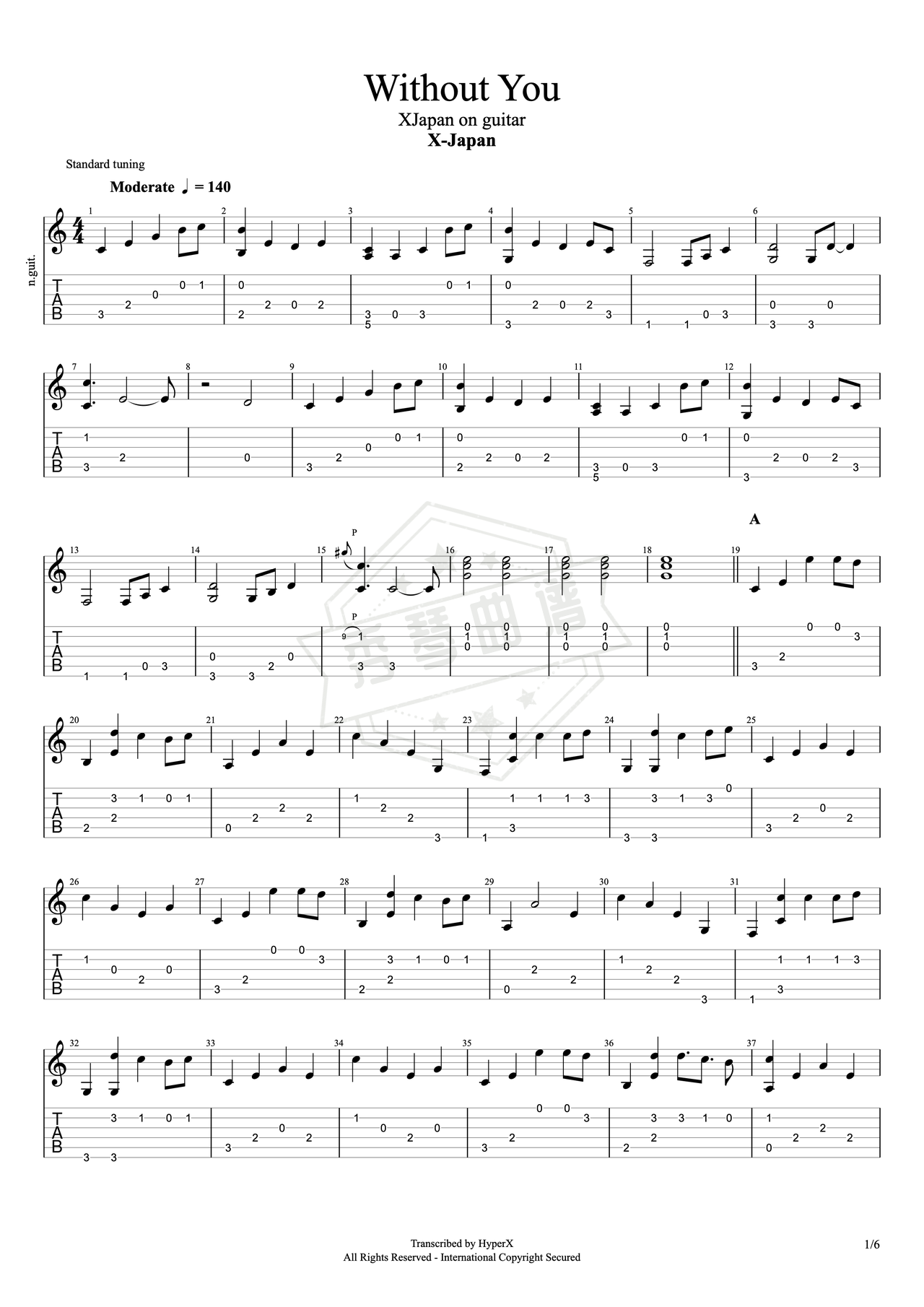 《Without you》吉他简谱C调指弹谱（xjapen）-秀琴曲谱网