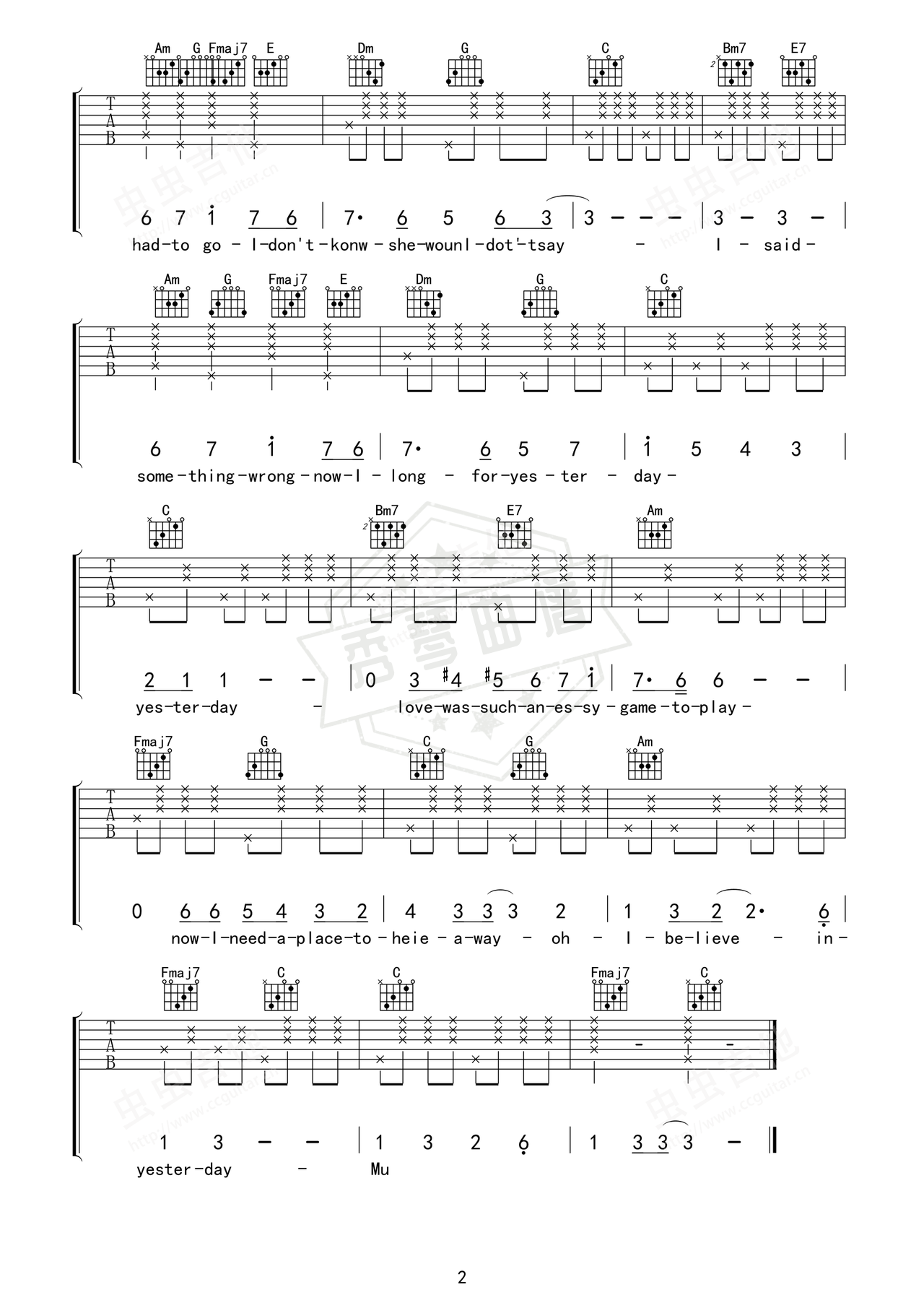 图片[2]-《Yesterday》吉他简谱F调弹唱谱（The Beatles）-秀琴曲谱网