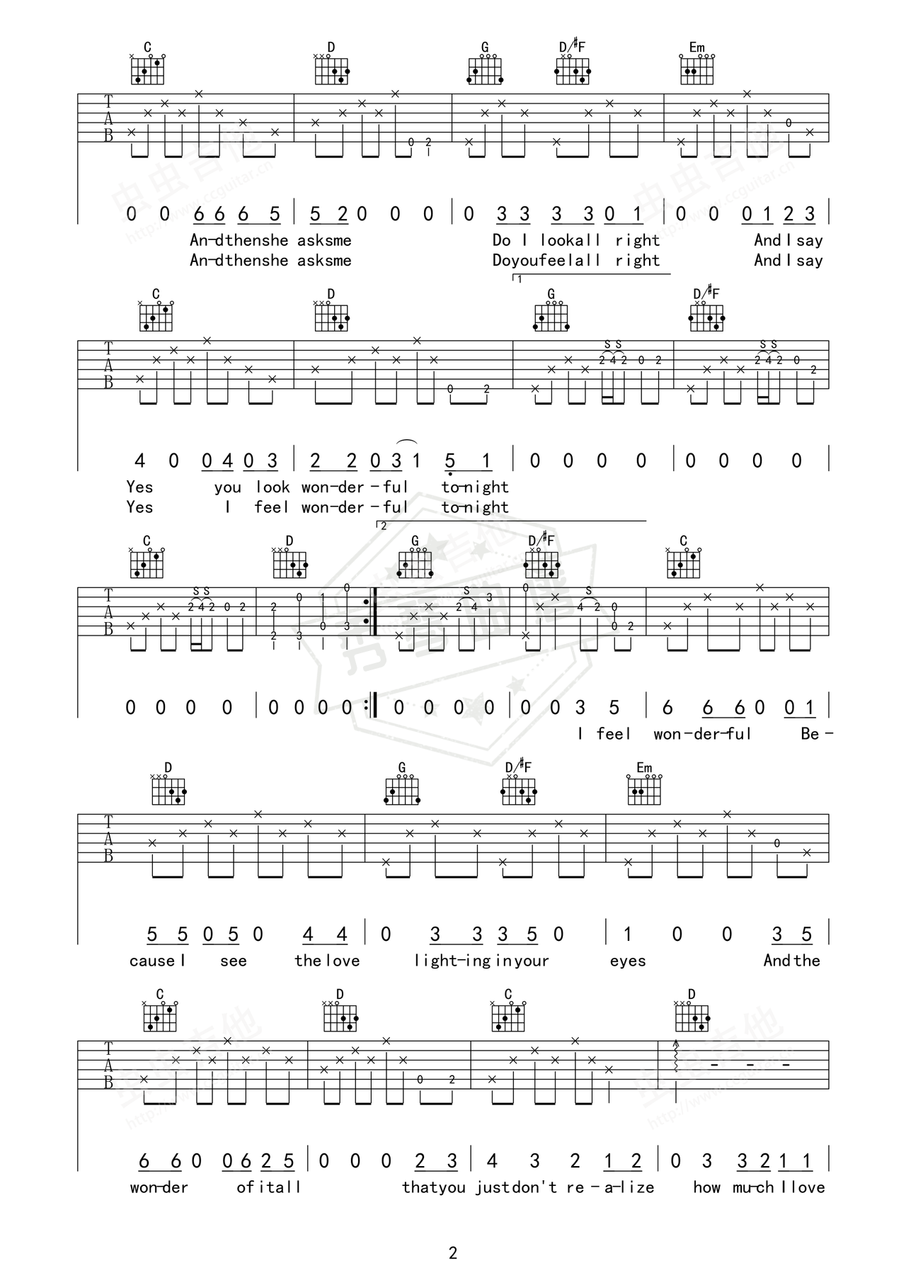 图片[2]-《wonderful tonight》吉他简谱G调弹唱谱（Eric Clapton）-秀琴曲谱网