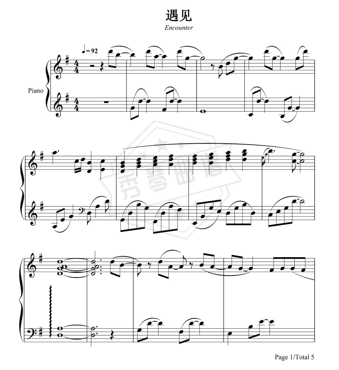 《遇见》钢琴简谱,五线谱g调演奏版-秀琴曲谱网