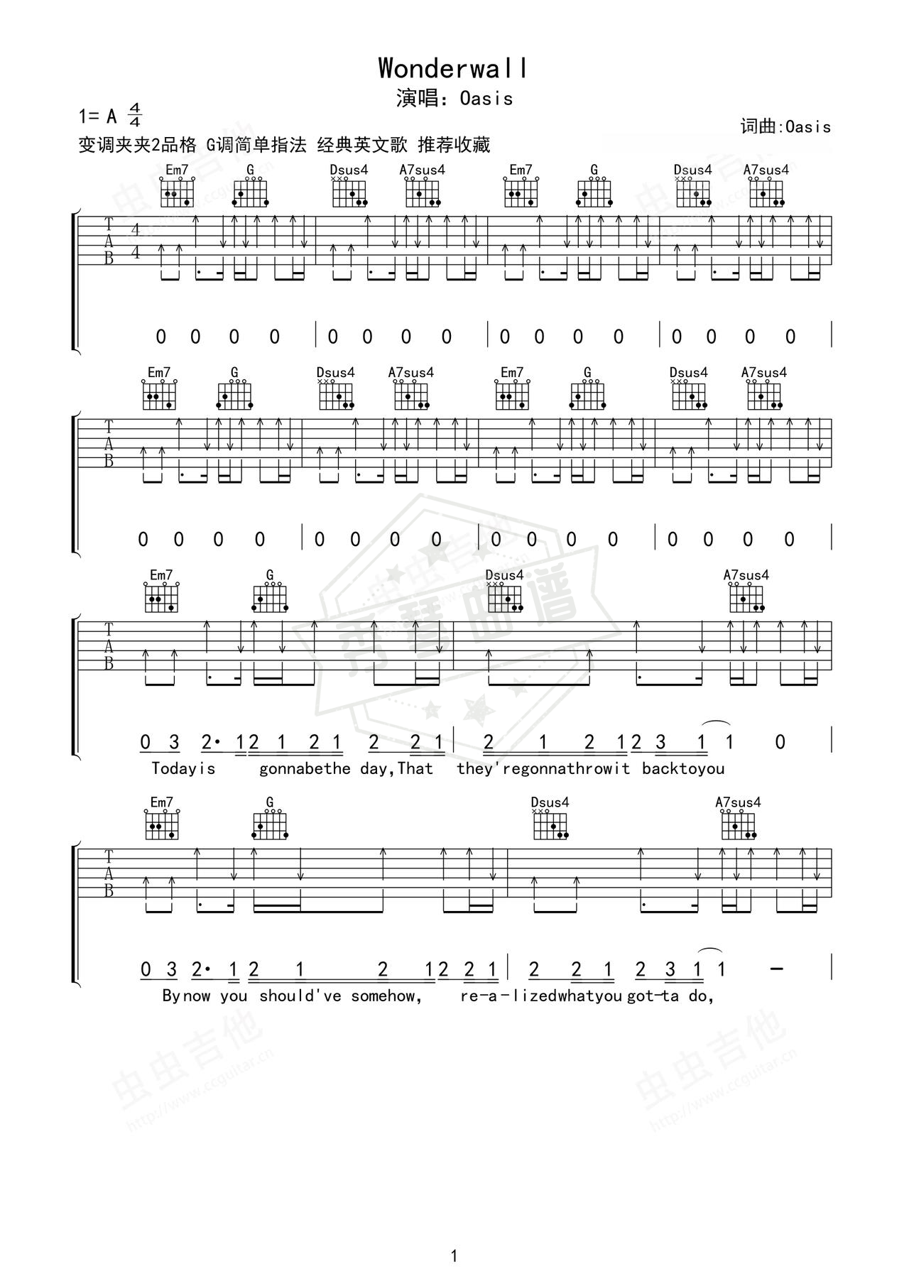 《wonderwall》吉他简谱A调弹唱谱（Oasis）-秀琴曲谱网