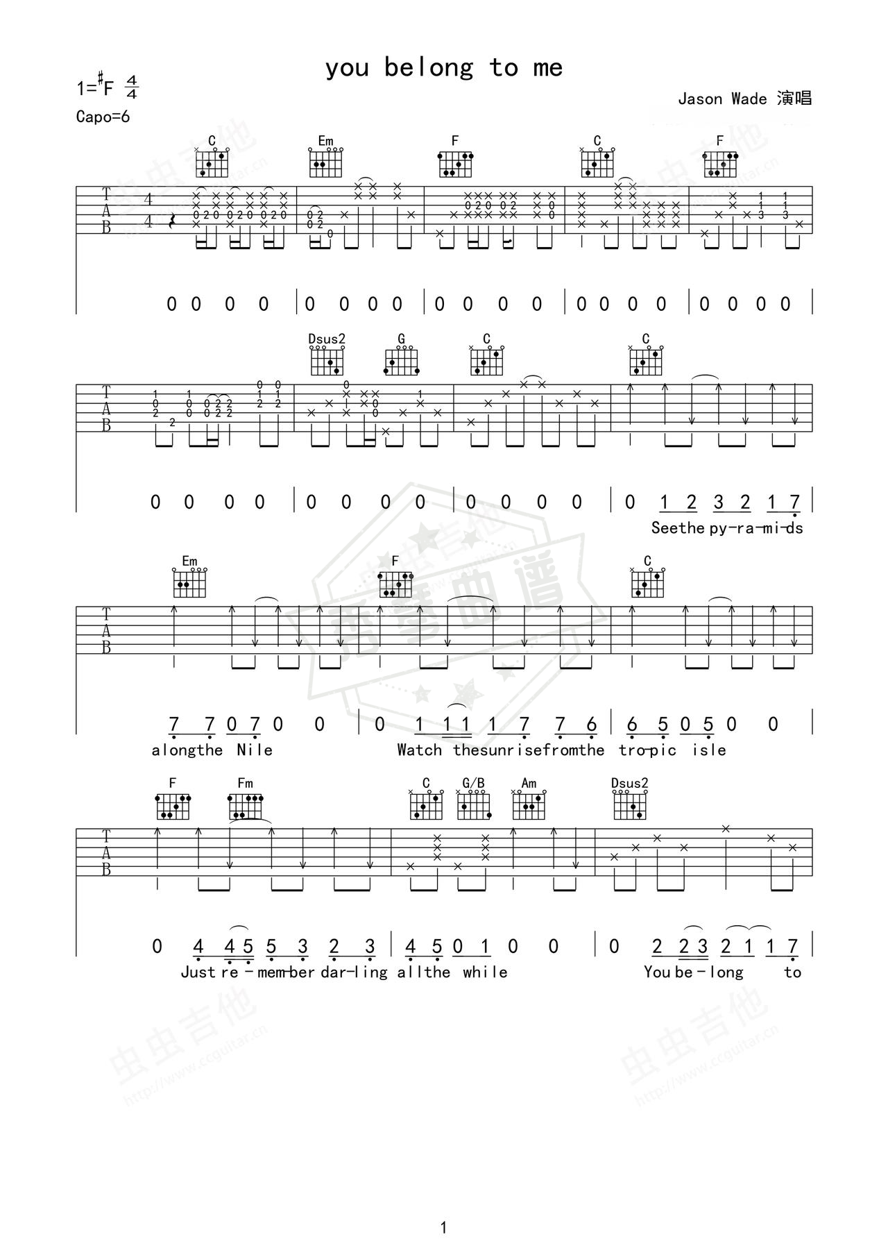 《you belong to me》吉他简谱F#/Gb弹唱谱（Jason Wade）-秀琴曲谱网