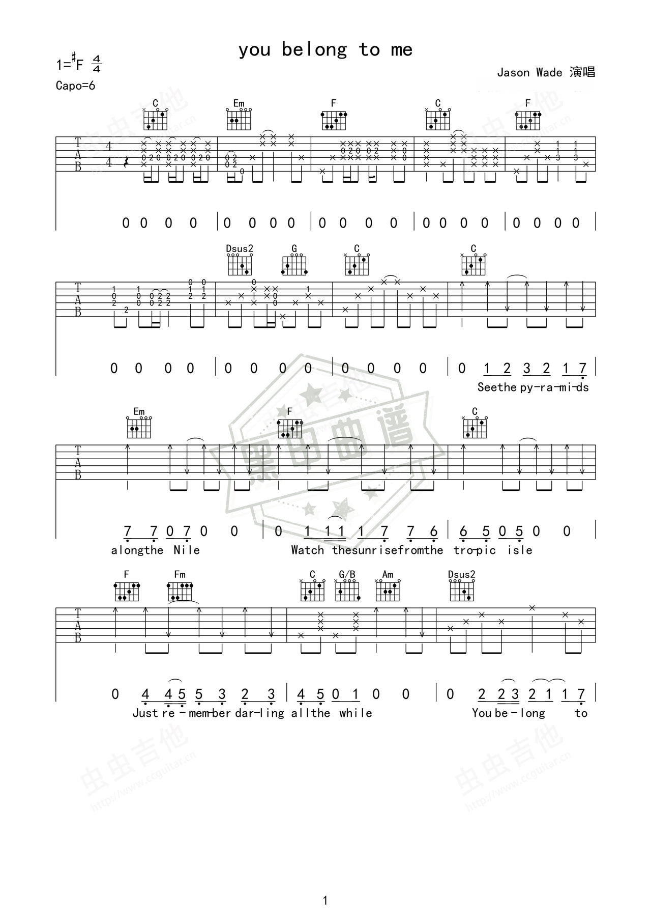 简谱F#/Gb调《you belong to me》吉他弹唱谱_F#/Gb调you belong to me曲谱