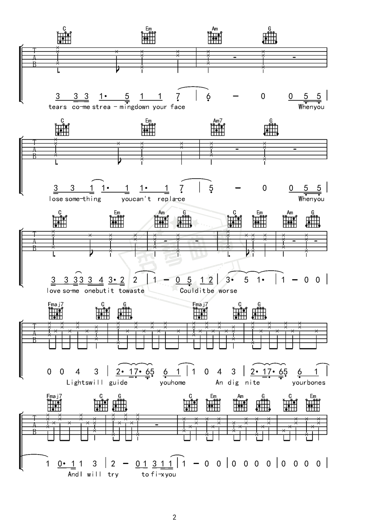 图片[2]-《Fix you》吉他简谱Eb调指弹谱（Coldplay）-秀琴曲谱网