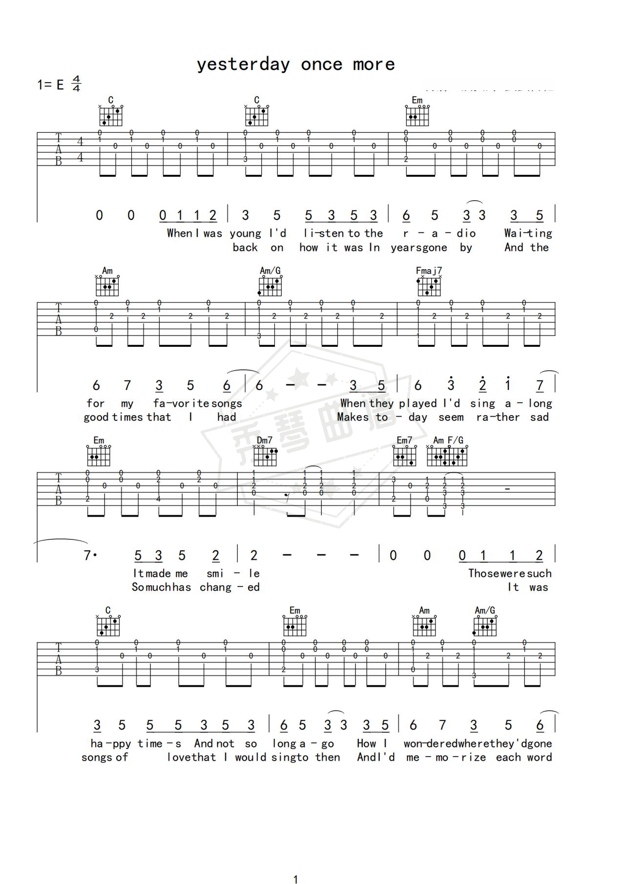 《yesterday once more》吉他简谱C调弹唱谱（Carpenters）-秀琴曲谱网
