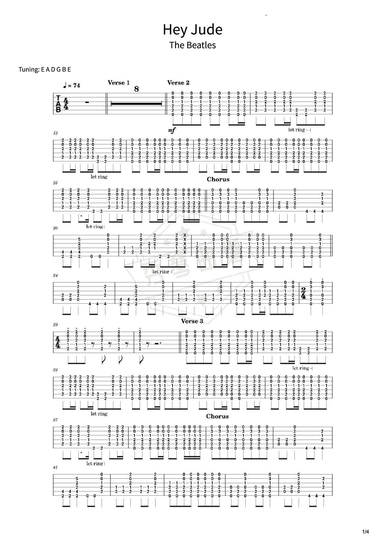 《Hey Jude》  The Beatles吉他简谱F调指弹谱（ohn Lennon / Paul McCartney）-秀琴曲谱网