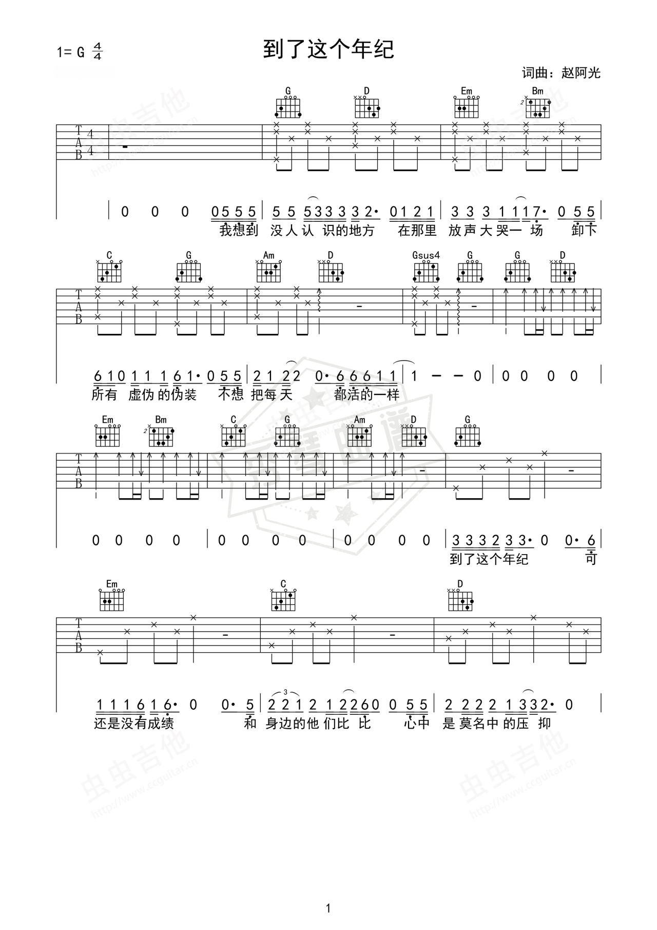 《到了这个年纪》吉他简谱G调弹唱谱（赵阿光）-秀琴曲谱网
