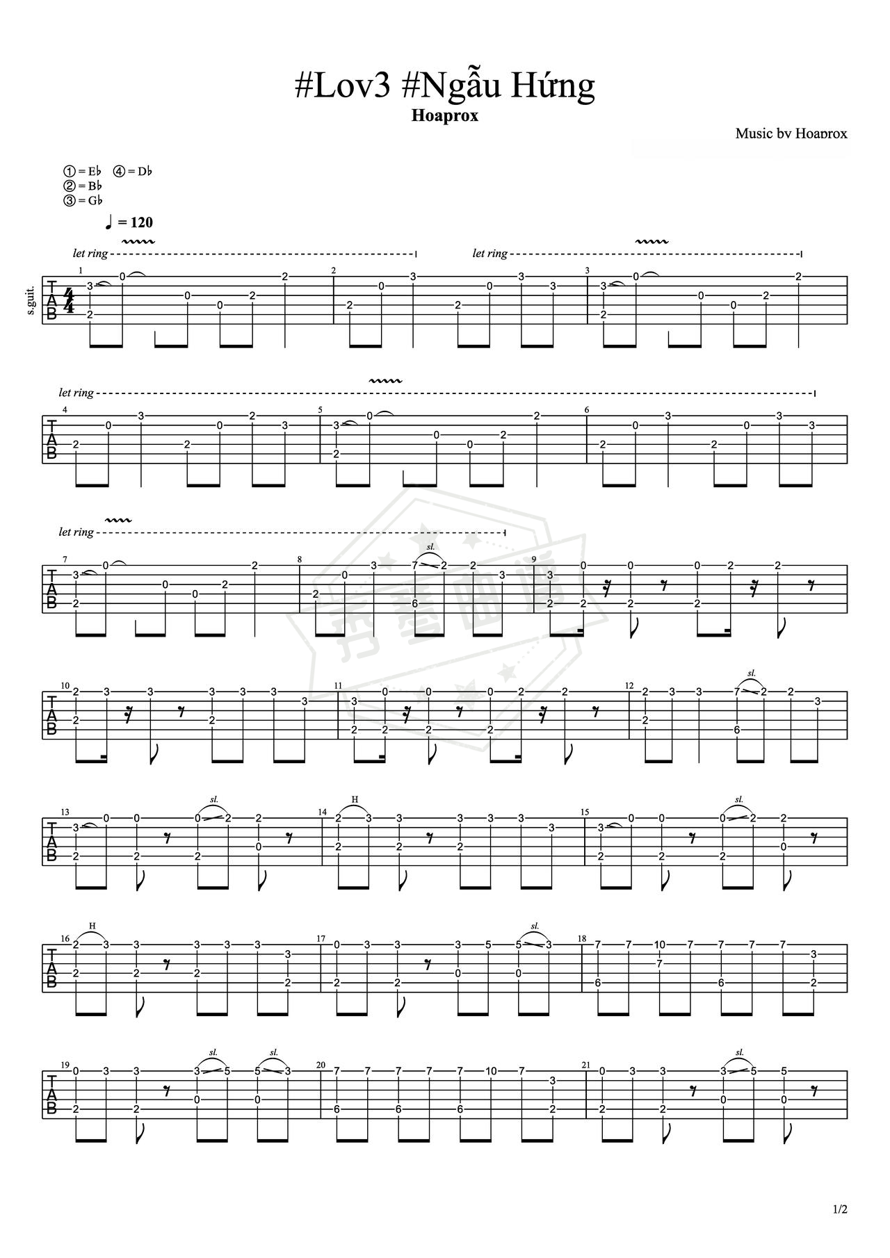 《#Lov3 #Ng?u H?ng》吉他简谱F#调指弹谱（Hoaprox）-秀琴曲谱网