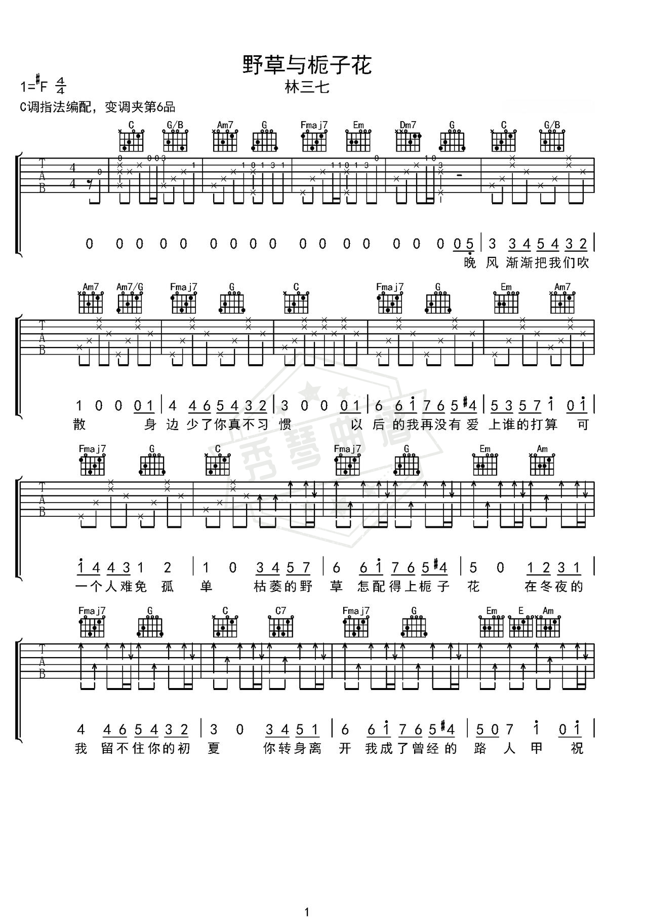 《野草与栀子花》吉他简谱C调弹唱谱（林三七）-秀琴曲谱网