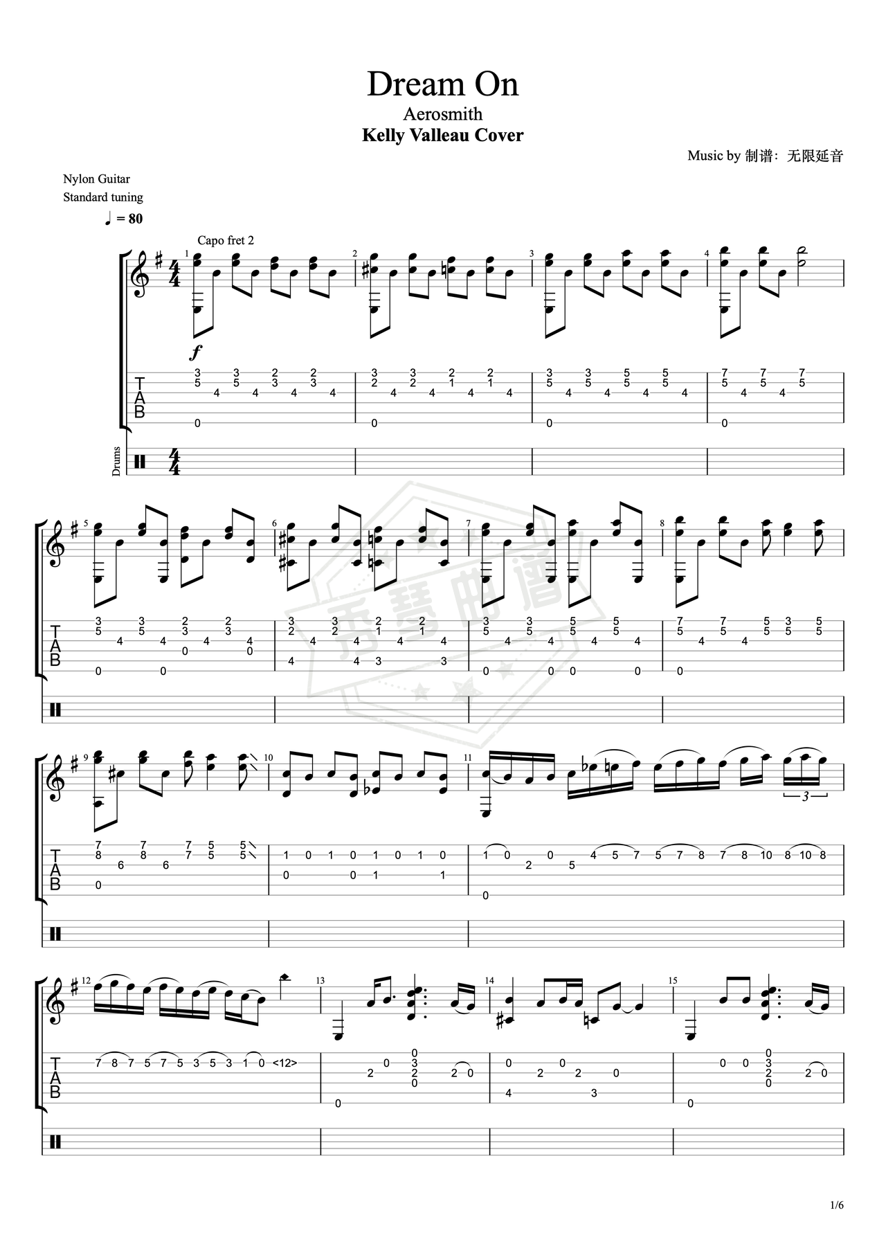 《Dream On》吉他简谱G调指弹谱（Kelly Valleau）-秀琴曲谱网