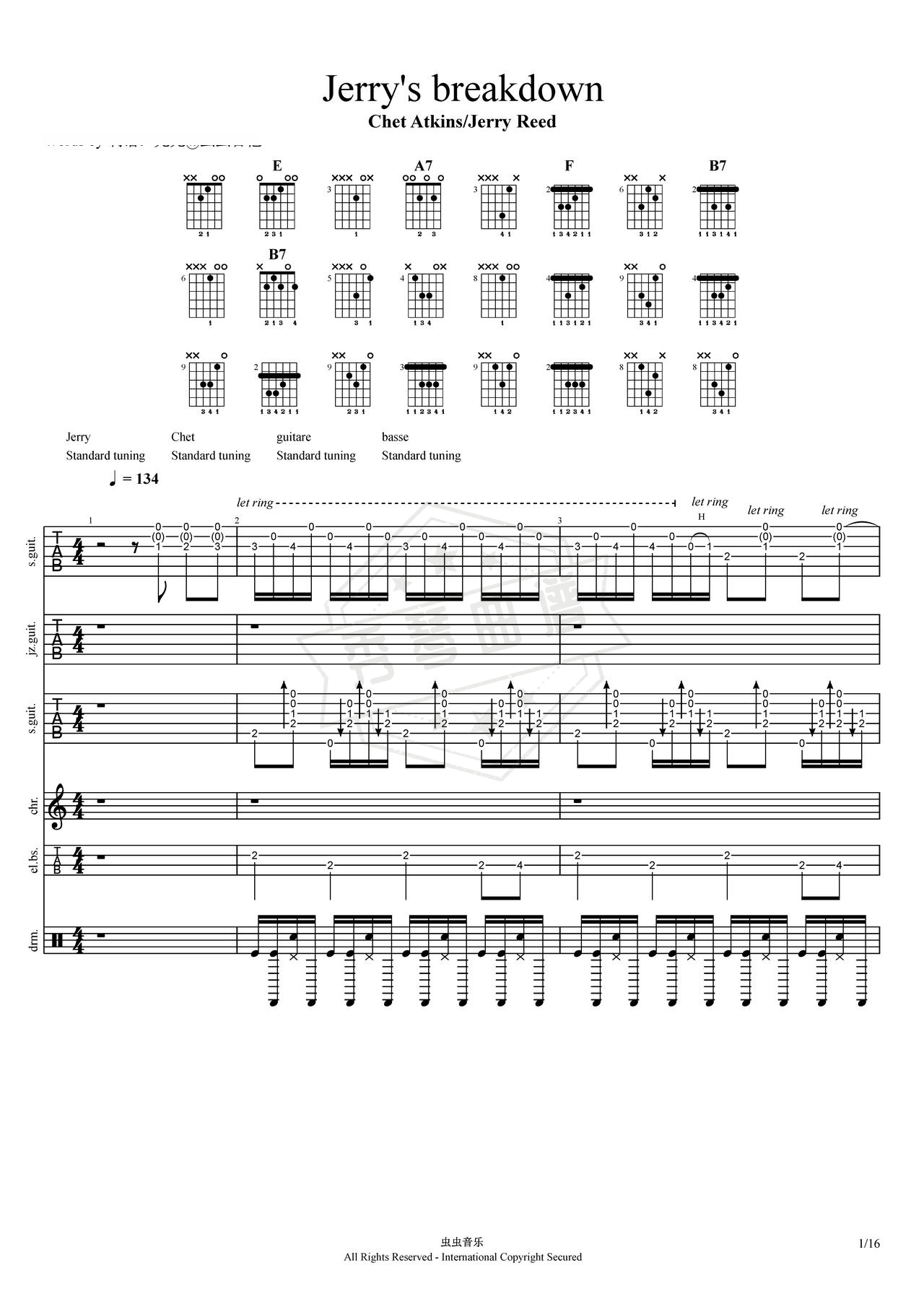 《Jerry’s Breakdown》吉他简谱E调总谱（Chet Atkins/Jerry Reed）-秀琴曲谱网