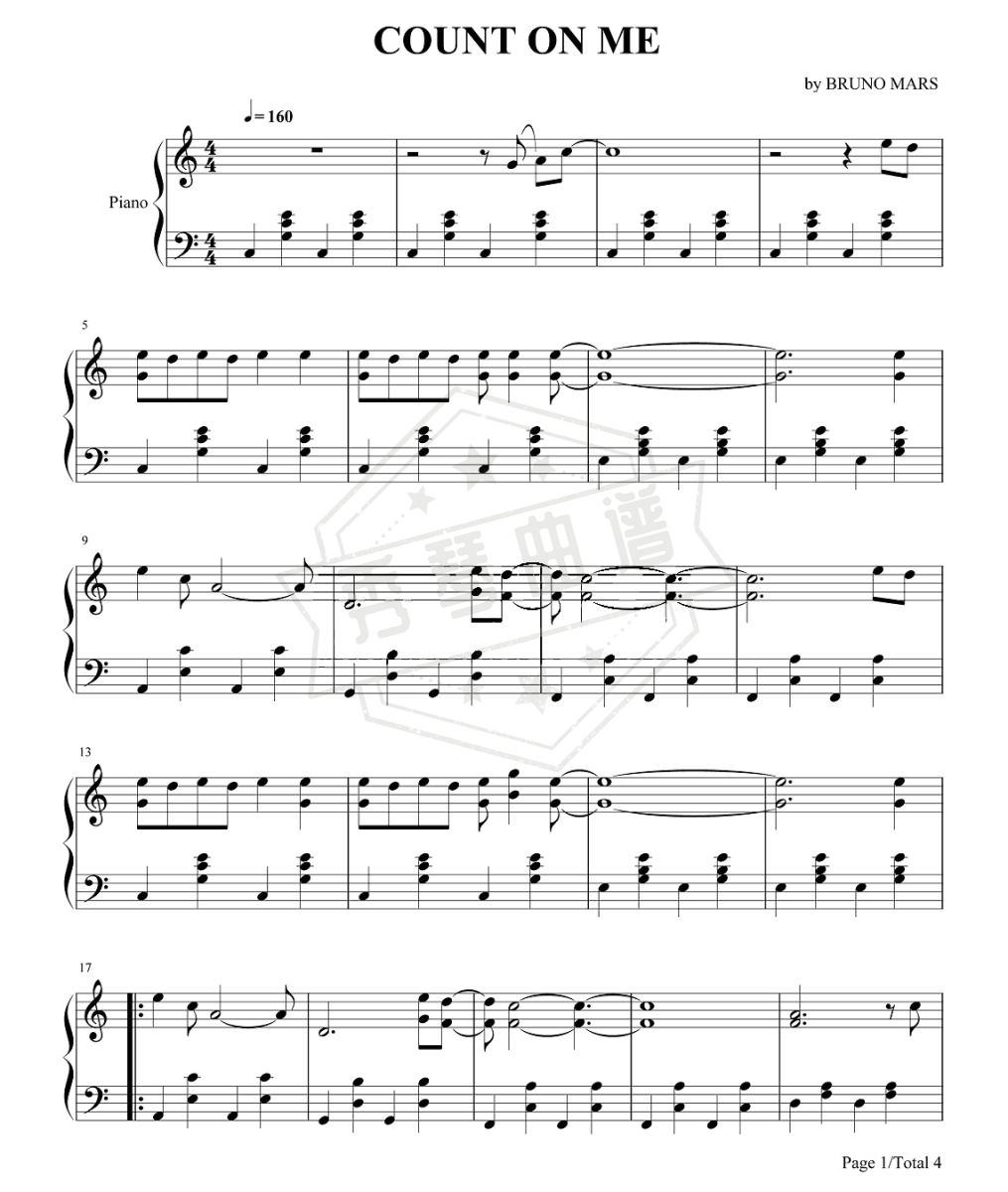 Bruno Mars《Count On Me》钢琴谱-秀琴曲谱网