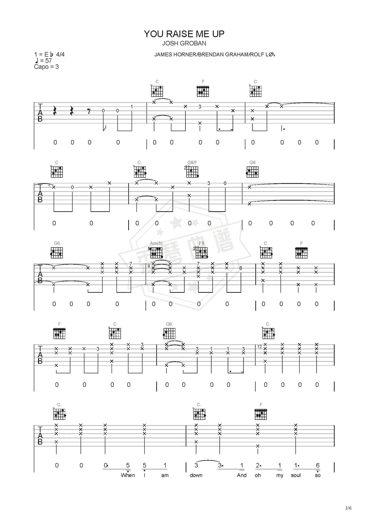 《you》吉他简谱C调弹唱谱（Josh Groban）-秀琴曲谱网