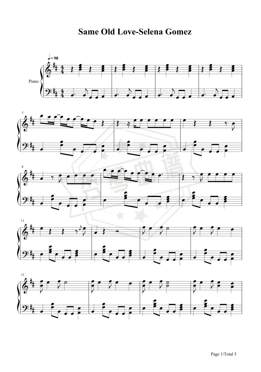 《Same Old Love》钢琴五线谱d调演奏版(Selena Gomez)-秀琴曲谱网