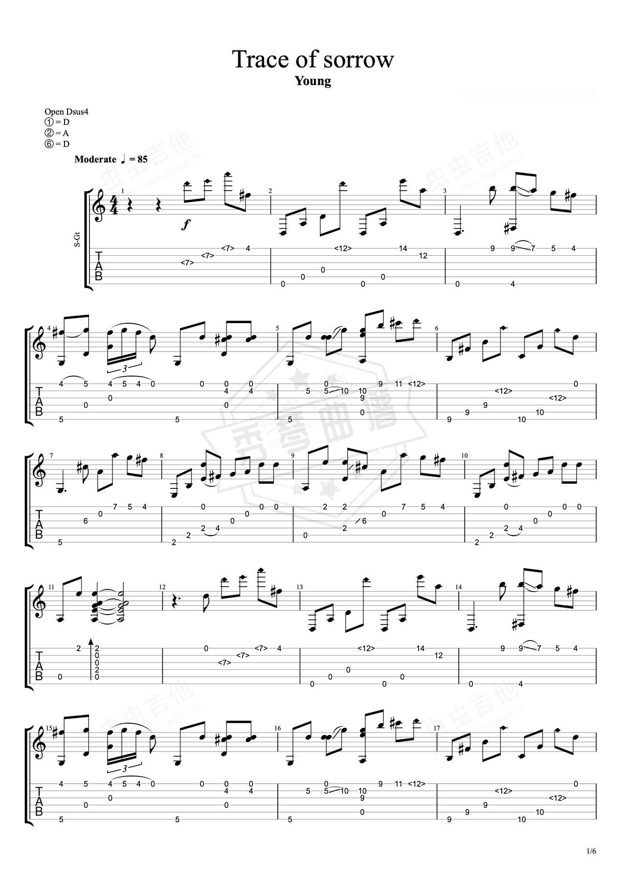 《Trace of sorrow》吉他简谱D调指弹谱（Young）-秀琴曲谱网
