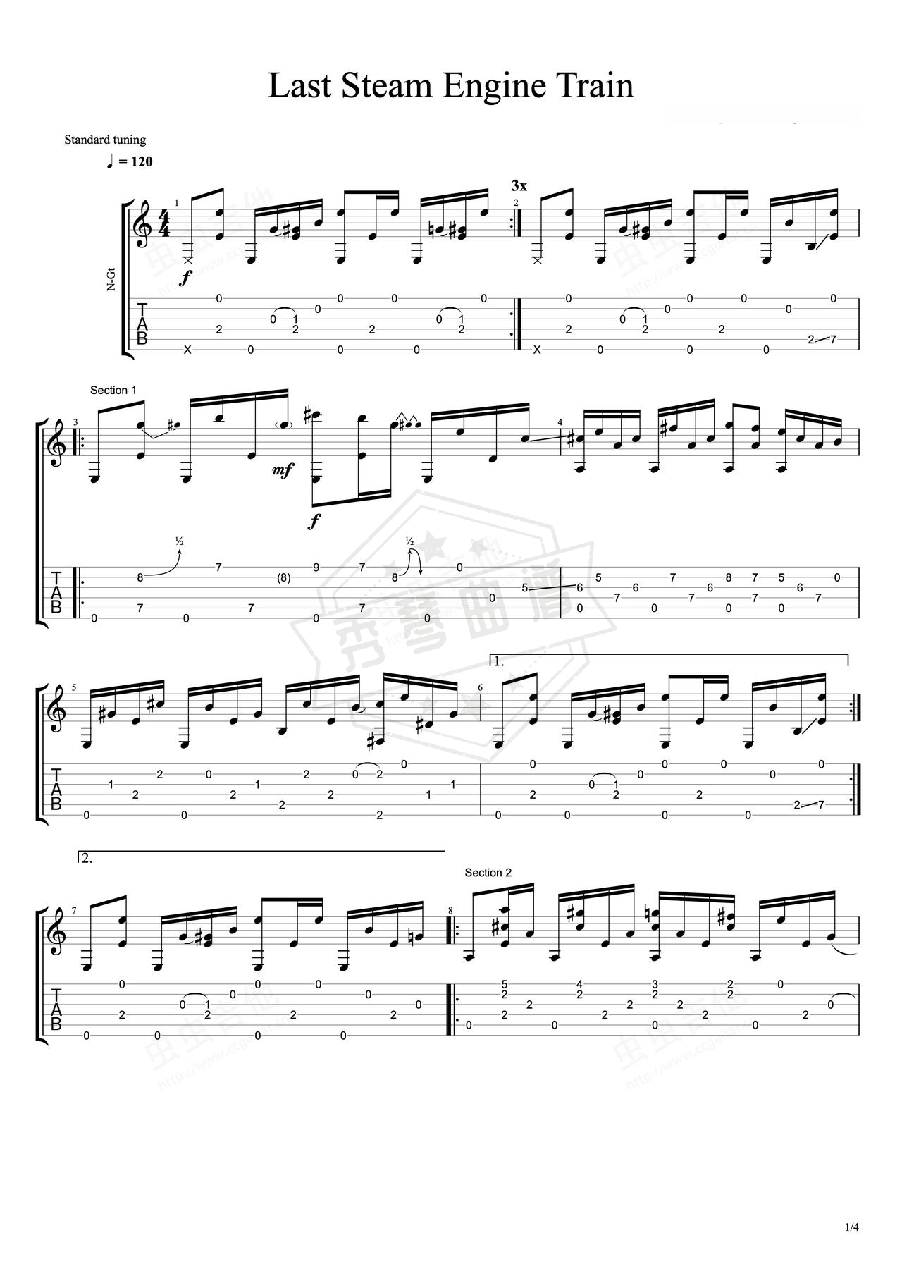 《Last Steam Engine Train》吉他简谱E大调指弹谱（Leo Kottke）-秀琴曲谱网