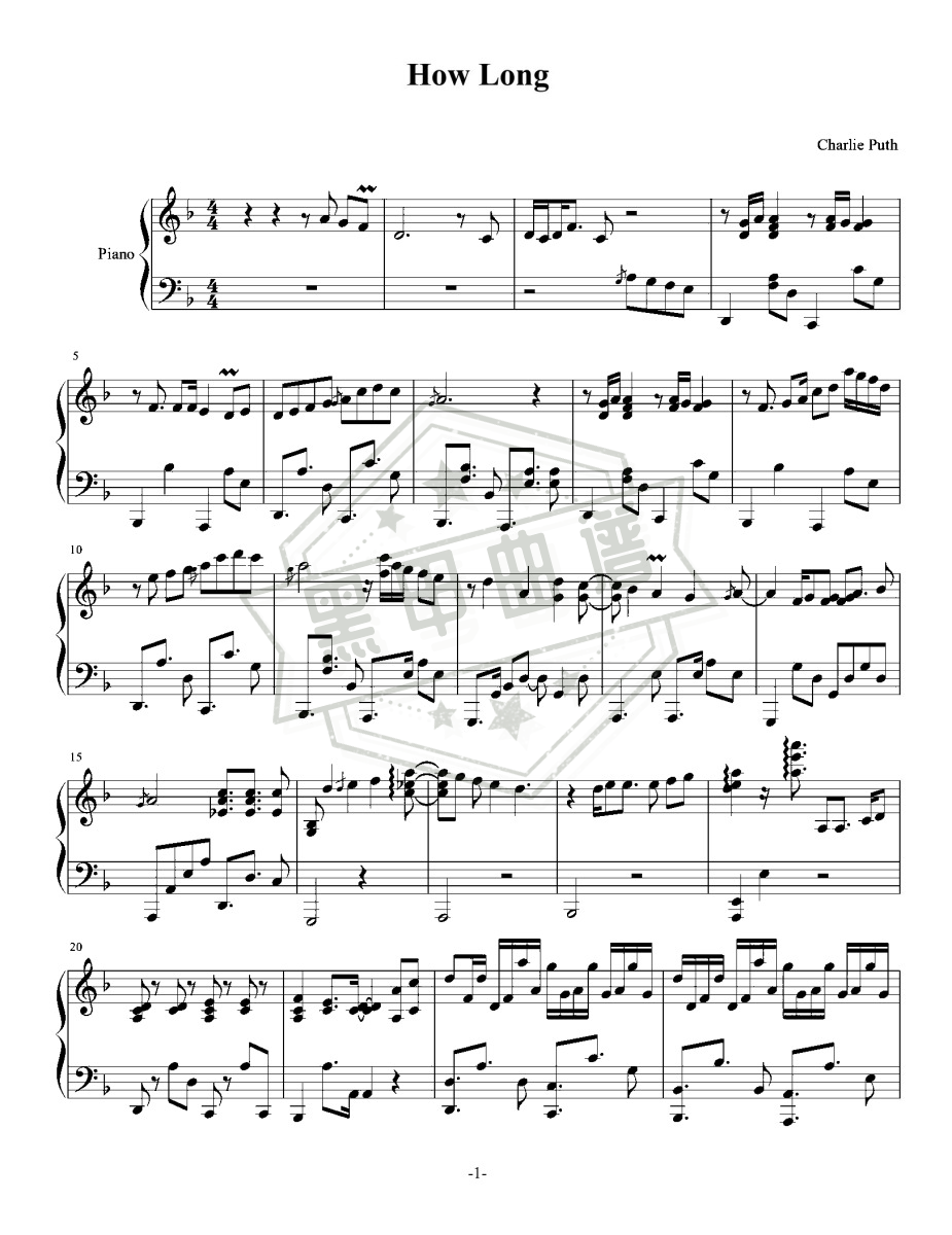 五线谱d调《How Long》钢琴演奏版_高清可打印How Long曲谱