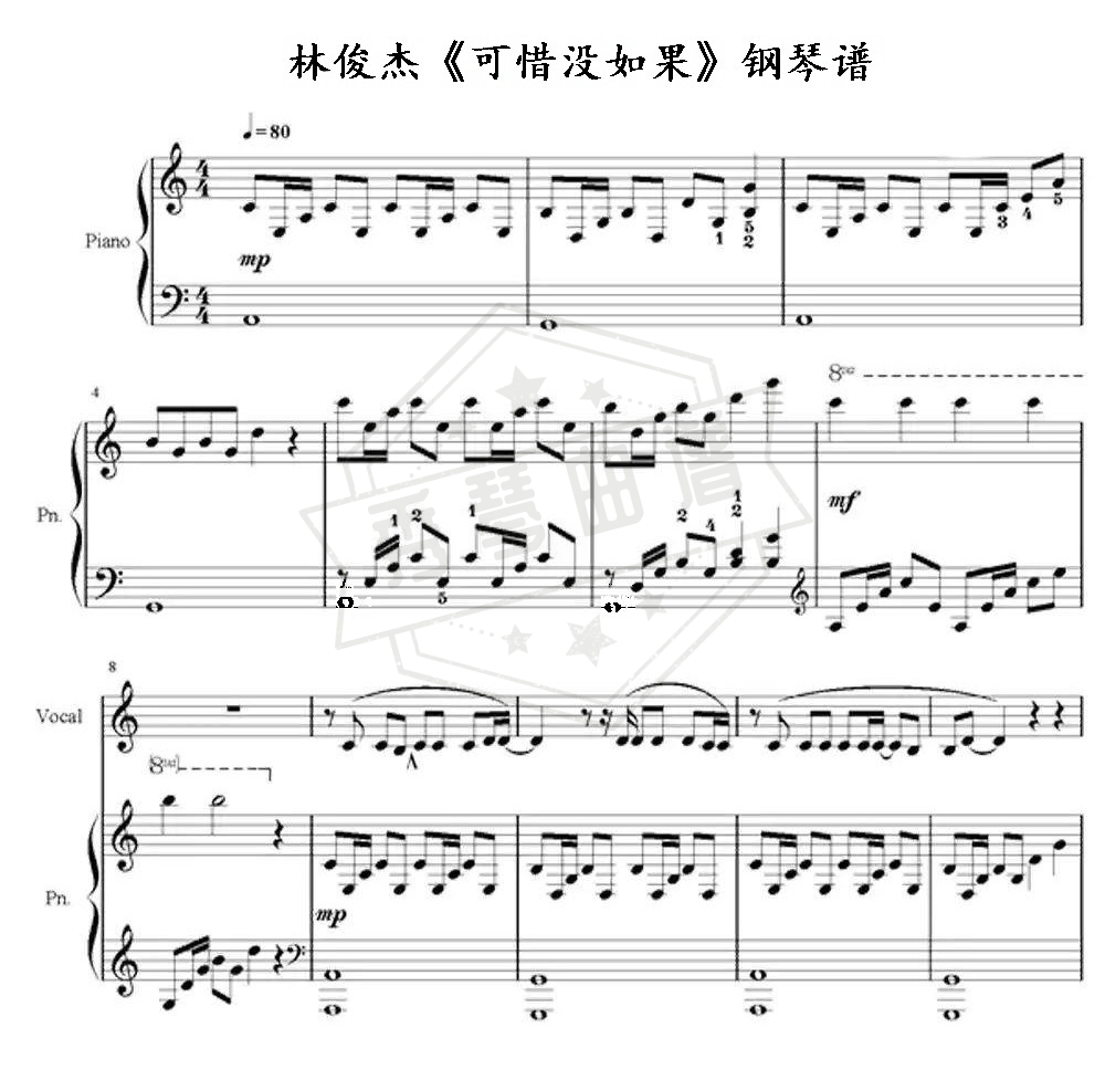 《可惜没如果》钢琴五线谱c调演奏版-秀琴曲谱网