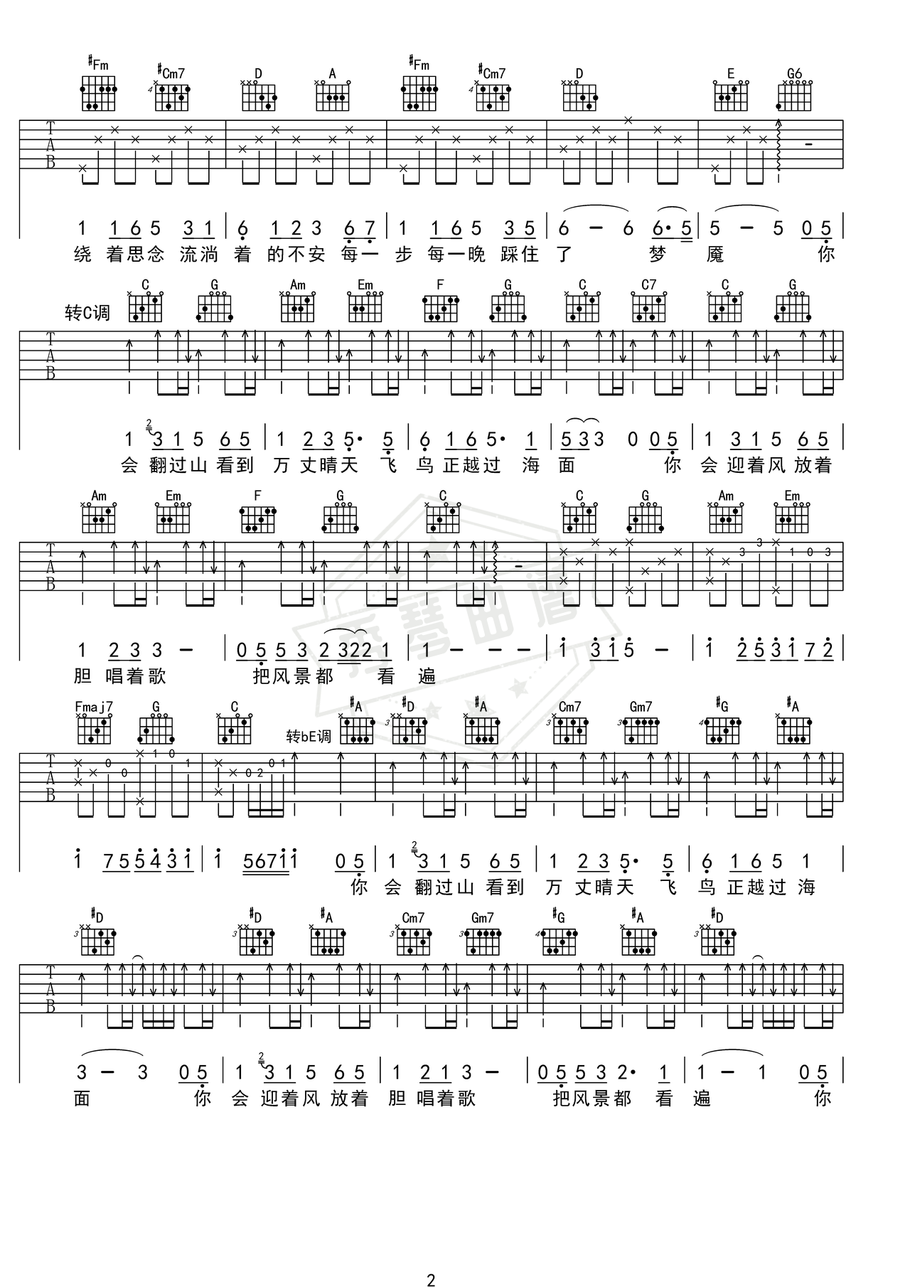 图片[2]-《亲爱的你啊》吉他简谱Bb调弹唱谱（任素汐）-秀琴曲谱网