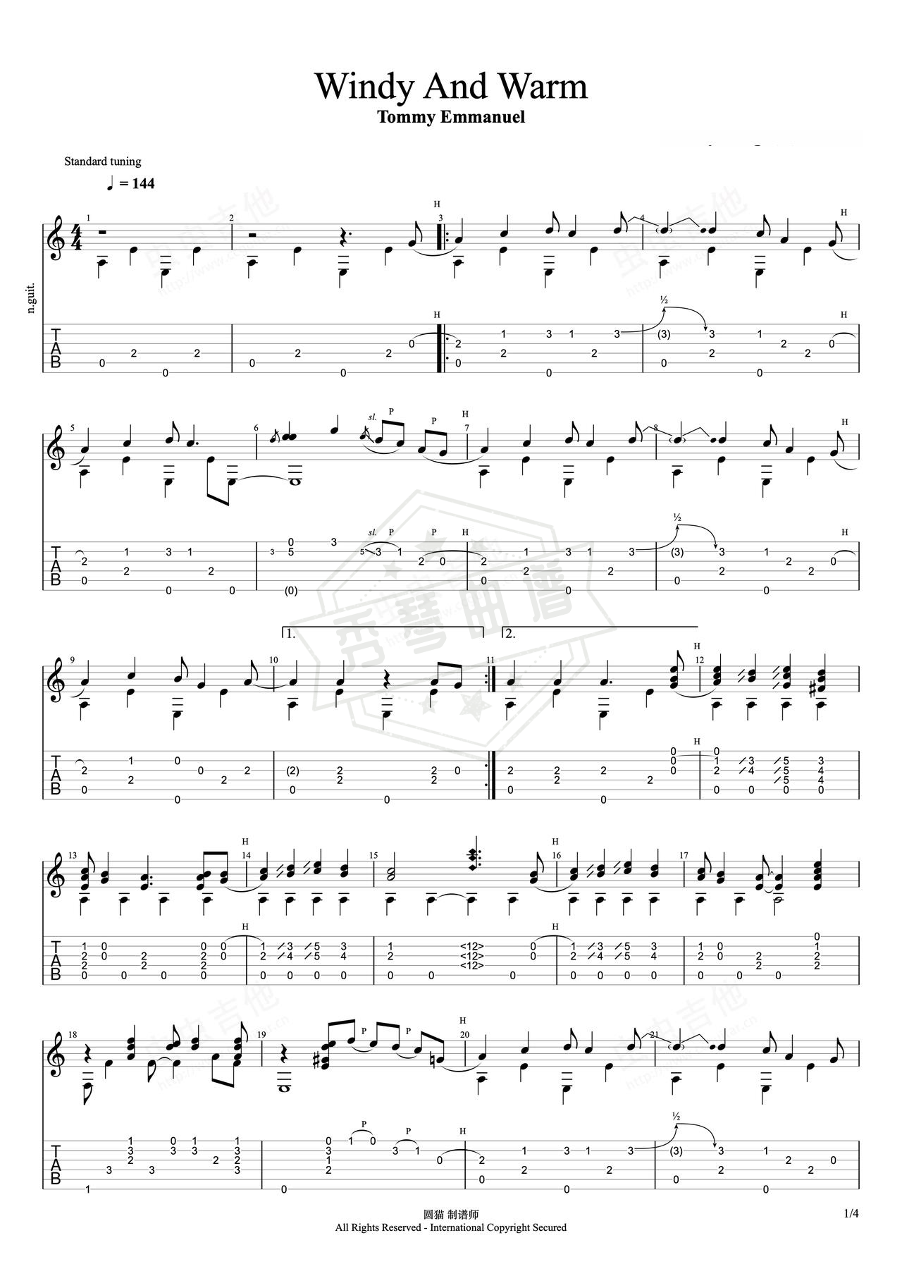 《Windy And Warm》吉他简谱a调指弹谱（Tommy Emmanuel）-秀琴曲谱网