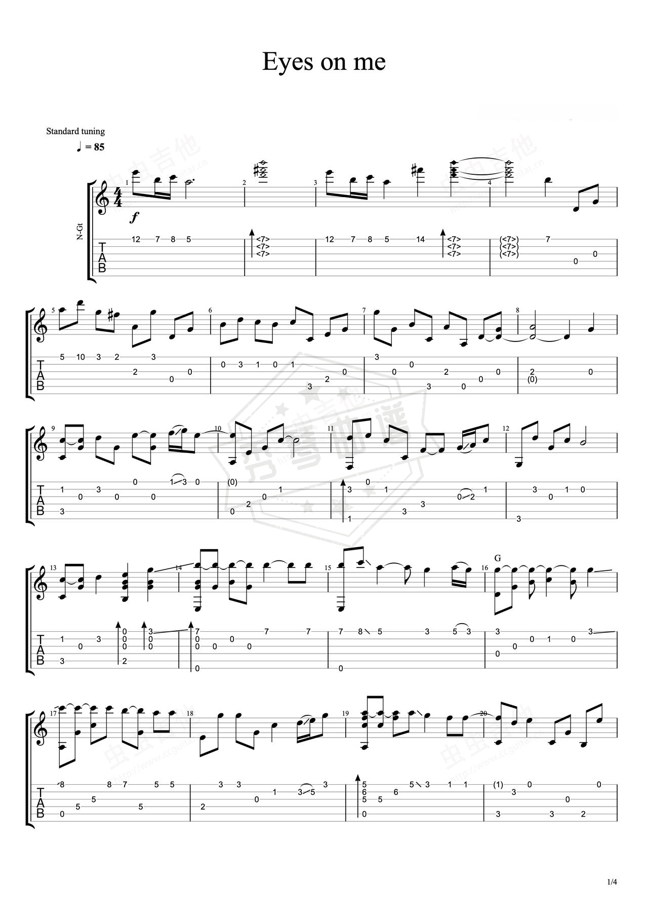 《Eyes on me》吉他简谱C调指弹谱（王菲）-秀琴曲谱网