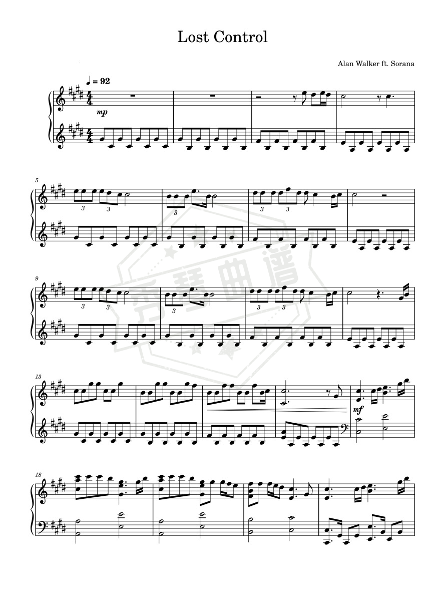 Lost Control（Alan Walker ft. Sorana）-秀琴曲谱网