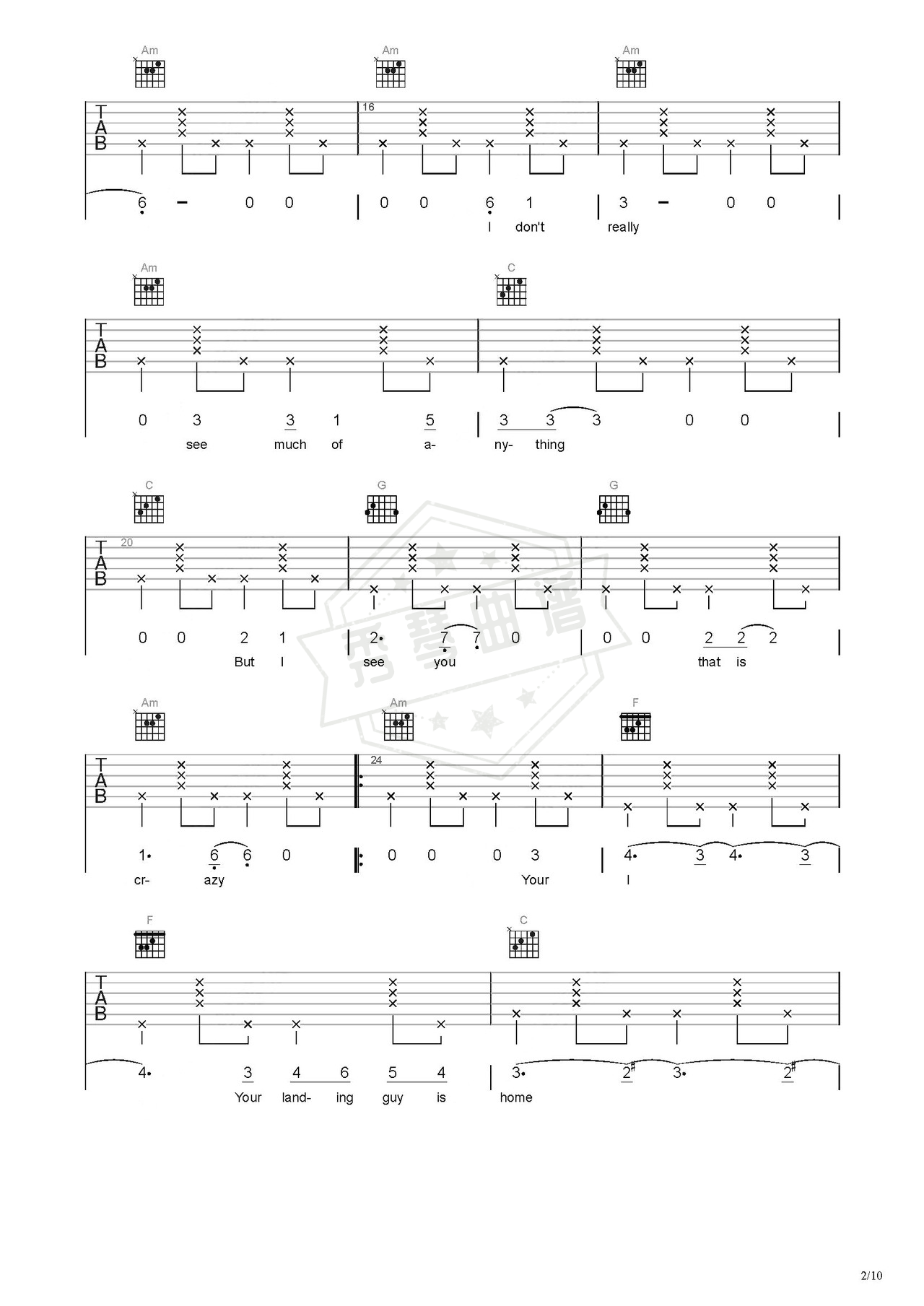 图片[2]-《Landing》吉他简谱C调弹唱谱（刘昊霖）-秀琴曲谱网