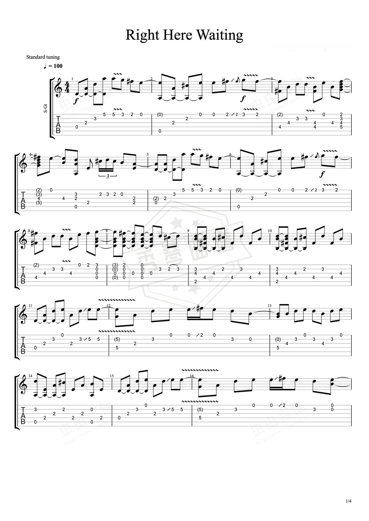 《Right Here Waiting》吉他简谱D调指弹谱（Richard Marx）-秀琴曲谱网